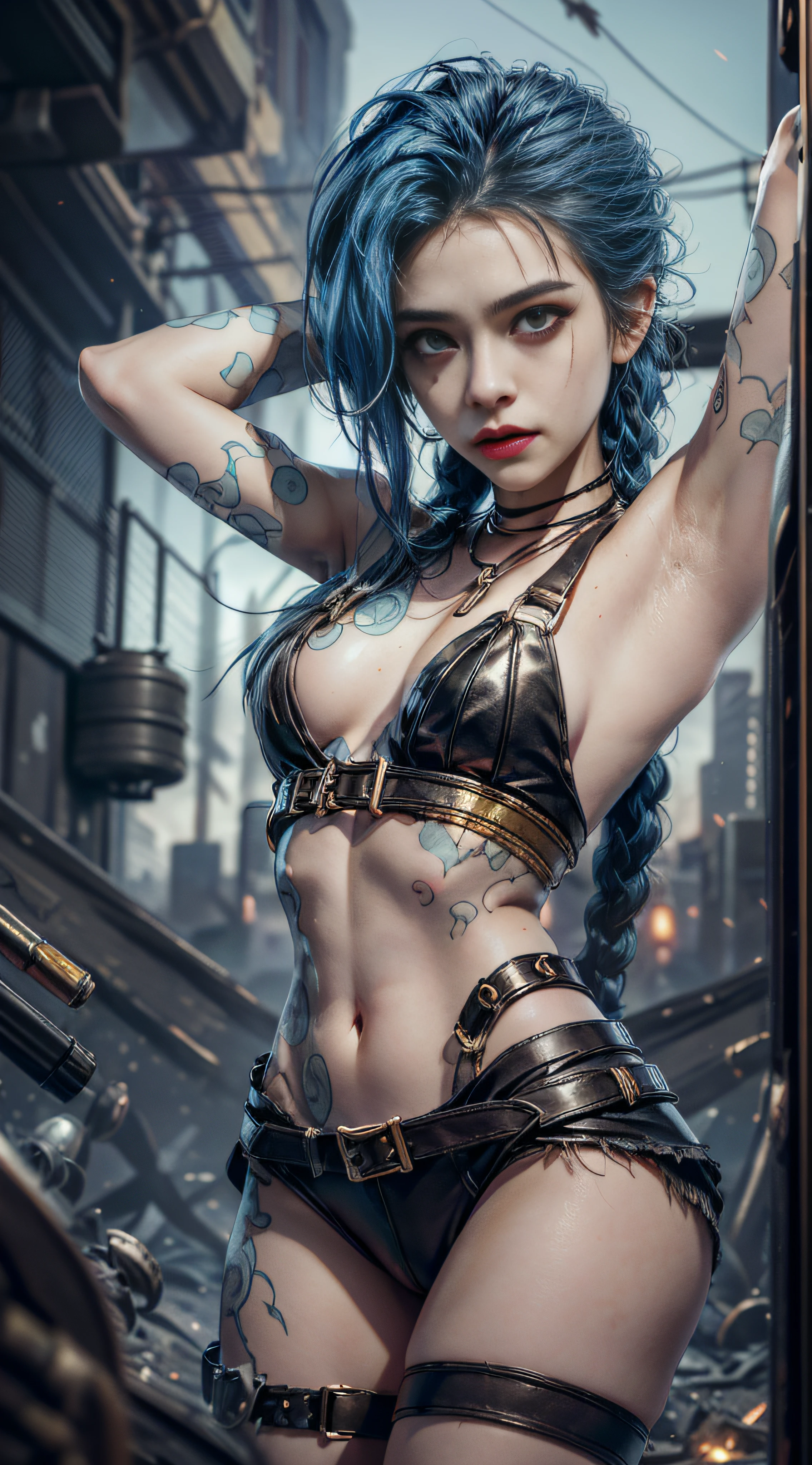 city in ruins(((best qualtiy)),((tmasterpiece)),(The is very detailed:1.3).3D,Mystery style,In the dark and resilient dystopian city of Piertofer,Plagued by violence and split into two opposing factions,A young child prodigy named Jinx appears。After enduring unimaginable losses and abandonment,She embraced a life of chaos and destruction。Jinx is known for his creative and explosive abilities,Become an idol against the oppressive forces that control the city。Sin embargo,She is haunted by guilt and inner demons,She must face her past,And decided to continue on the path of anarchy,Or seek salvation in the midst of turmoil。Explore the journey of Jinx,She sails through a dangerous world,Fight for survival,Uncovering Secrets,And discover the true meaning of her distorted existence,Chaos reigns supreme,And at the heart of it all is Jinx,The embodiment of unpredictability。Delve into Jinx's twisted mind,exploring the origins of her madness and the driving force behind her destructive nature。Uncover the moments that molded her into the crazy and iconic character we know。Take us on a wild journey,Travel through the vibrant streets of Piertover and the gloomy hinterland of Zaun,Jinx wreaks havoc with her explosive arsenal。Can salvation enter Jinx's broken soul?Or will she always dance on the edge of sanity,Embrace the chaos that drives her existence?The fate of Arcane hangs in the balance,Because Jinx's path is intertwined with unlikely allies and formidable enemies。Ignite your imagination,A vivid portrait depicting Jinx's twisted mind,Capture the essence of her madness and the spirit that defines her,hdr(HighDynamicRange),Ray traching,NVIDIA RTX,Hyper-Resolution,Unreal 5,sub surface scattering,PBR textures,Post-processing,Anisotropy Filtering,depth of fields,Maximum clarity and sharpness,Many-Layer Textures,Albedo e mapas Speculares,Surface coloring,Precise simulation of light-material interactions,perfectly proportions), (Fisheye lens 1.5), self-shot, Cowboy shot, Wind, Messy hair, cyberpunk city landscape, (Aesthetics and atmosphere:1.2),Smiling, Laughing,(fisheyelens), self-shot, Cowboy shot, Wind, Messy hair, cyberpunk city landscape, (Aesthetics and atmosphere:1.2),Smiling, Laughing,wide wide shot. A dystopian world in the background, Photorealistic, 4K, Cyberpunk,