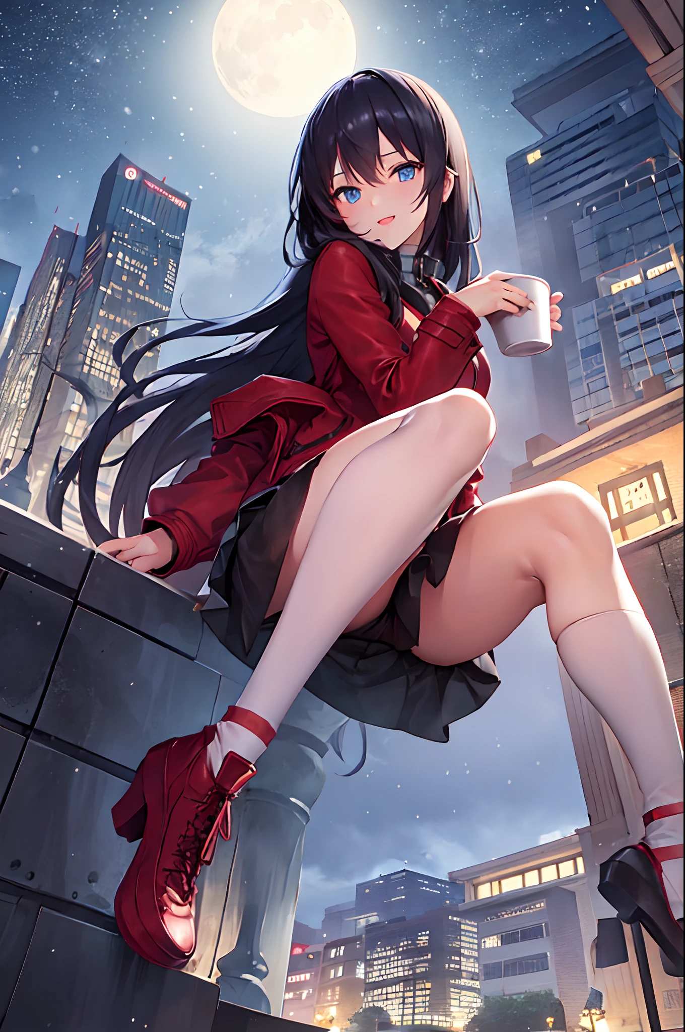 1girl, winter, Holding a cup of coffee in your hands, red jacket, Upskirt, black tights, Ultra Detailed, Background, black hair, blue eyes, Smile, snowing, straight hair, detailed legs, octans, skye, Star(skye), scenery, Starry sky, night time, night sky, exteriors, building, Cloud, the Milky Way, sitting, a tree, City, silhouette, urban landscape, moon light