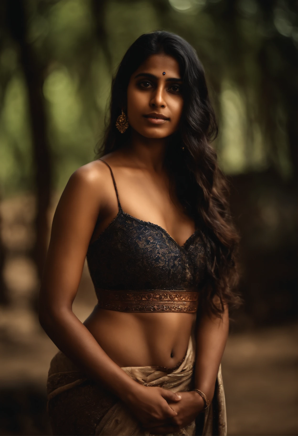 Outdoor image of 13yo in school school photo in school masterpiece, (photorealistic:1.7), best quality, beautiful lighting, Eleanor Venezuelan girl dark lipstick 13yo Old big Breasts Plus random colour beautiful eyes extremely high Bun long extreme curly hair Lifts wearing saree and no blouse