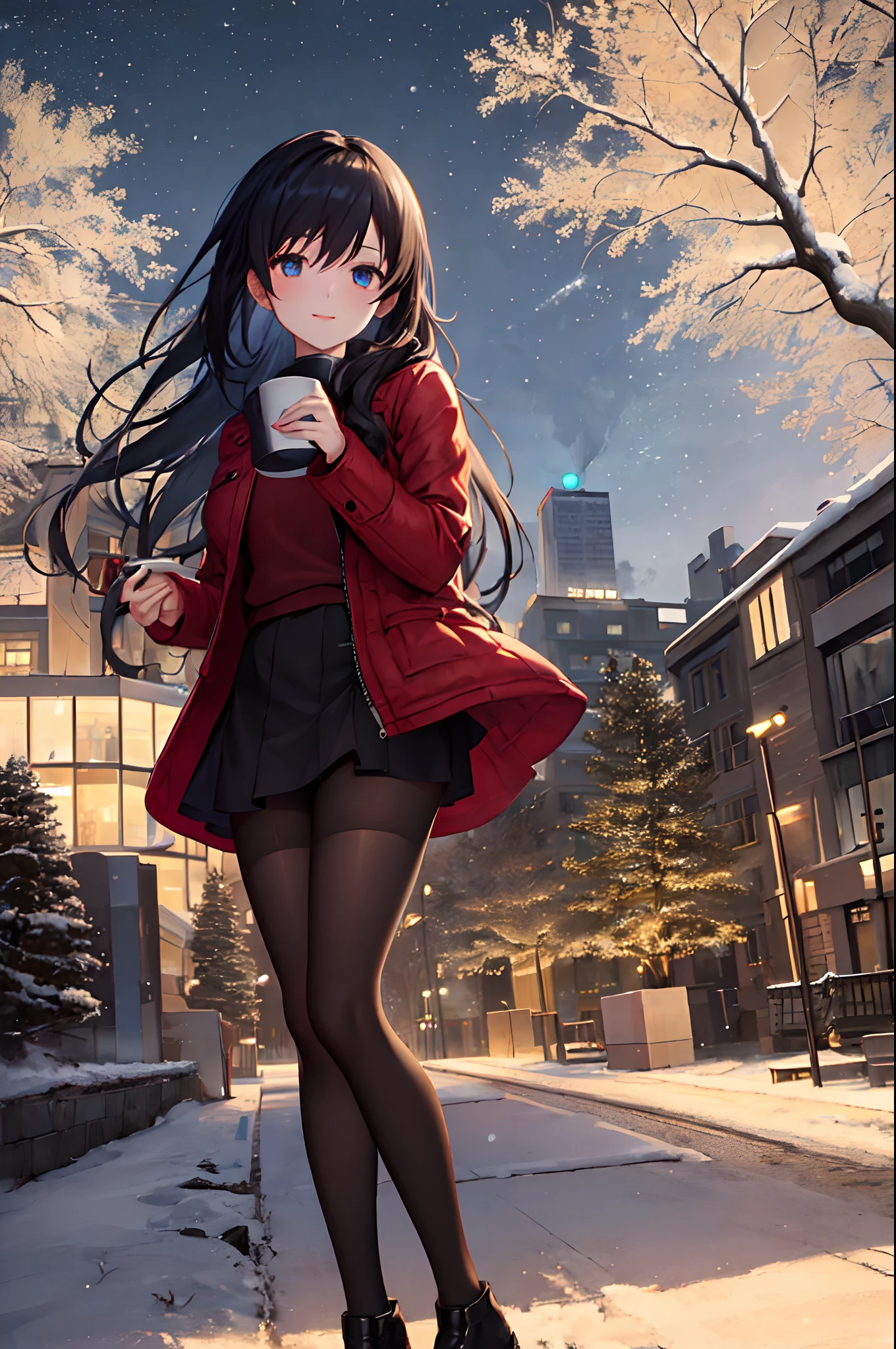 1girl, winter, Holding a cup of coffee in your hands, red jacket, Upskirt, black tights, Ultra Detailed, Background, black hair, blue eyes, Smile, snowing, straight hair, detailed legs, octans, skye, Star(skye), scenery, Starry sky, night time, night sky, exteriors, building, Cloud, the Milky Way, sitting, a tree, City, silhouette, urban landscape, moon light