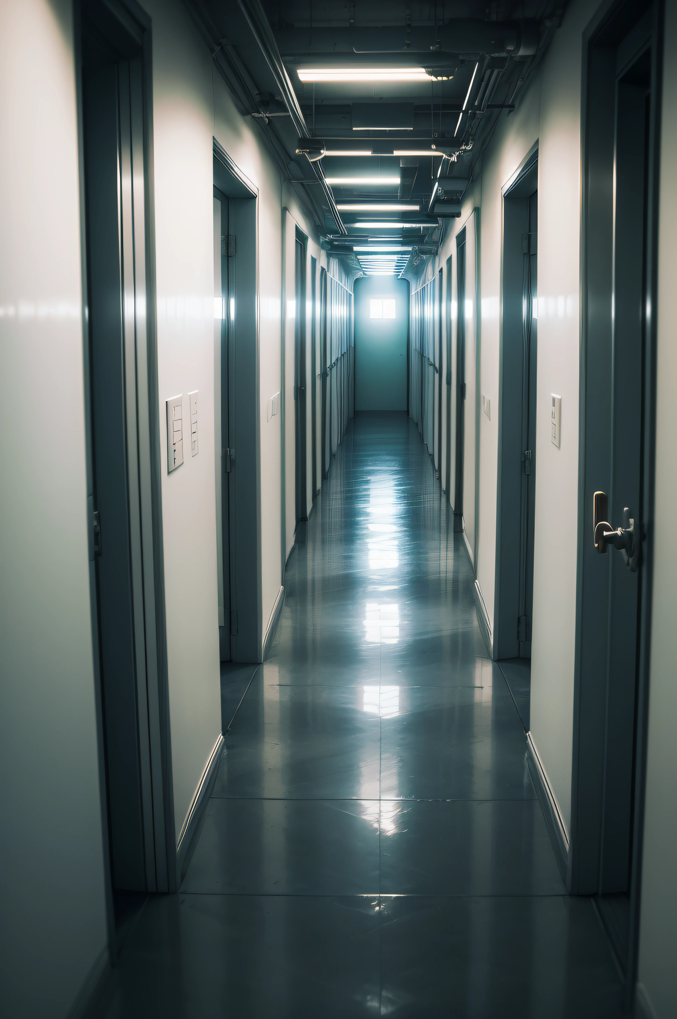 behind bars,Background with,hallways,high perspective,Masterpiece,Best quality,cold hue's,sense of science and technology