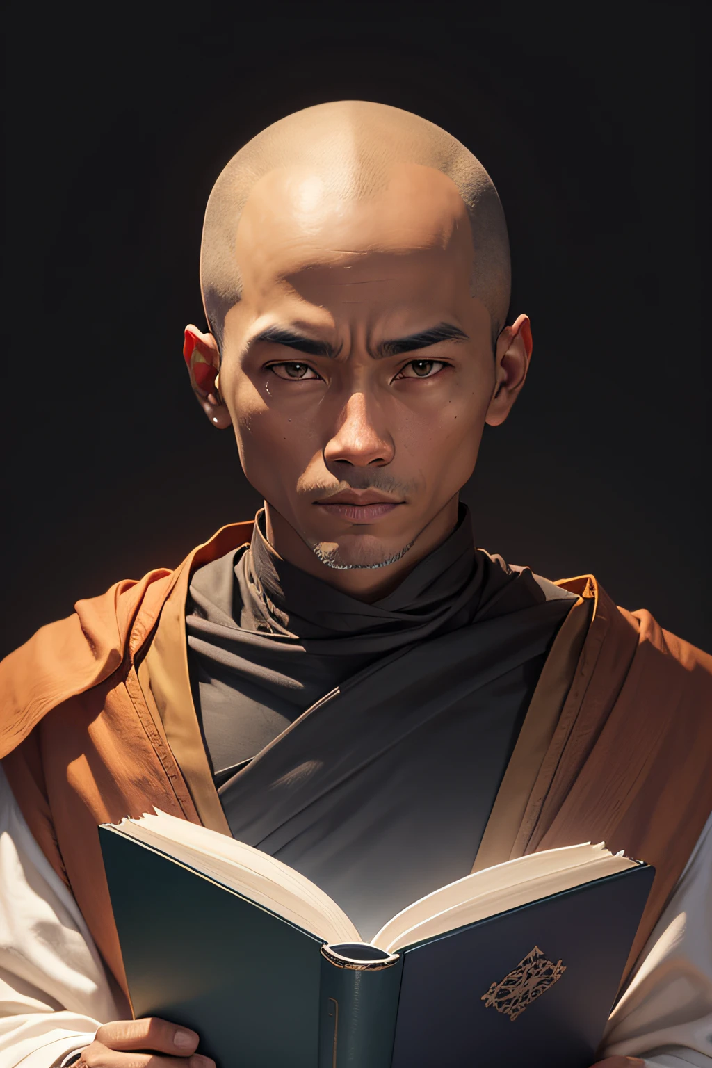 a monk,having book,dark background, having real skin colour, straight facing