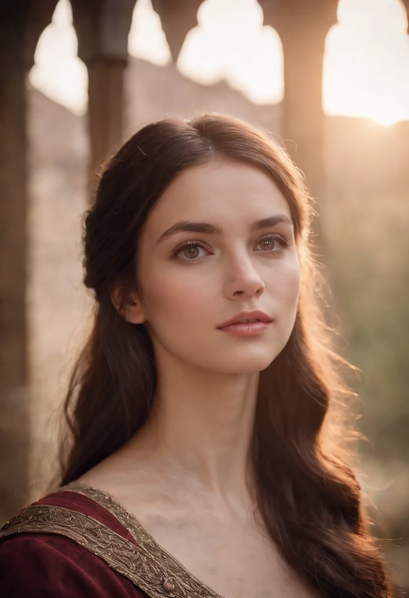 fair complexion, woman around 21 years old, with dark brown hair, big light brown eyes, wearing kohl, slender and graceful, beautiful, candlelight in a medieval setting, ultra sharp focus, realistic shot, medieval warrior female clothes, tetradic colors (scar:1.4)