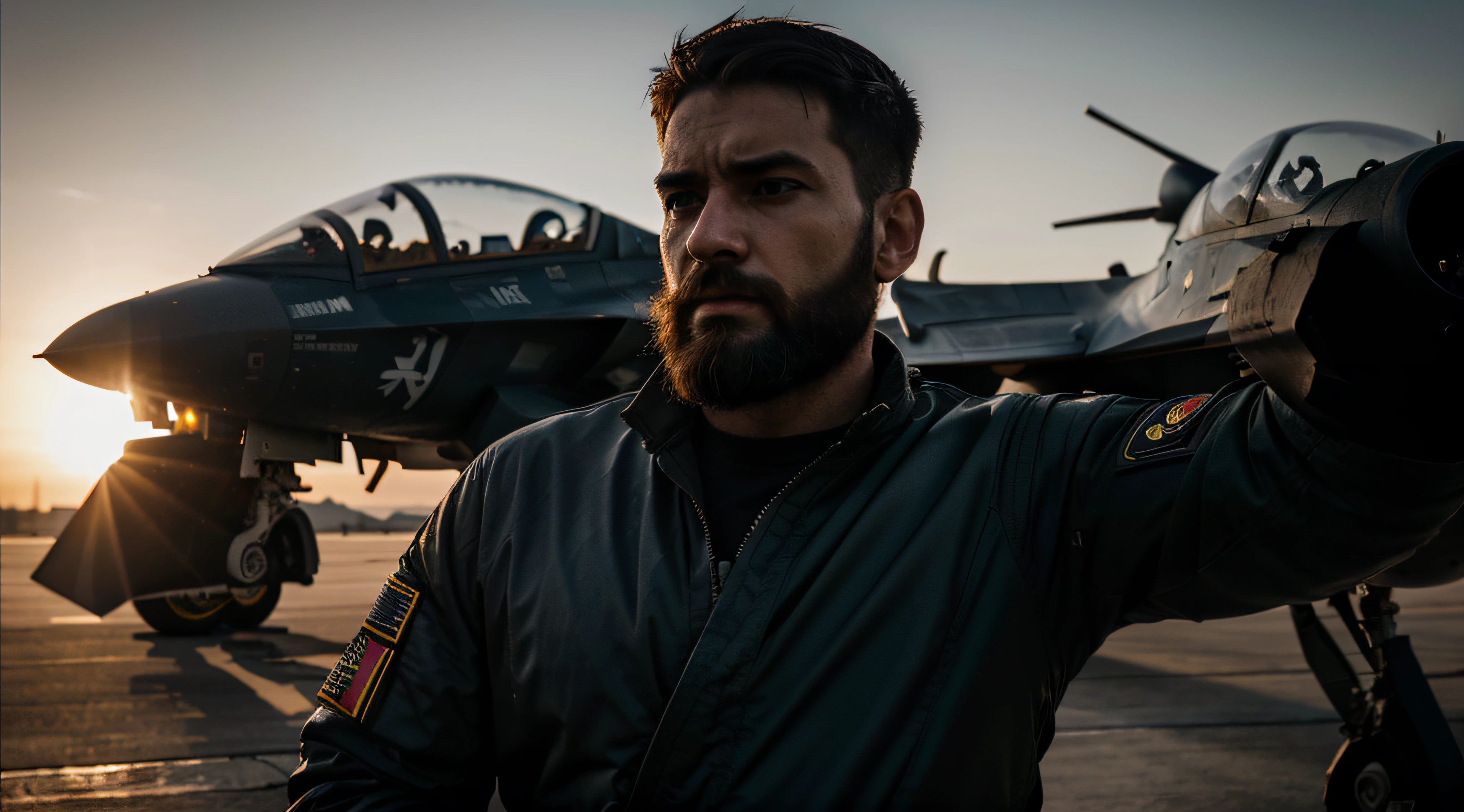 30 years old male fighter jet pilot photo, beard, sunset, serious face, high detail face, high detail clothes, ultrarealistic, dark shot, cinematic, professional photo, Nikon