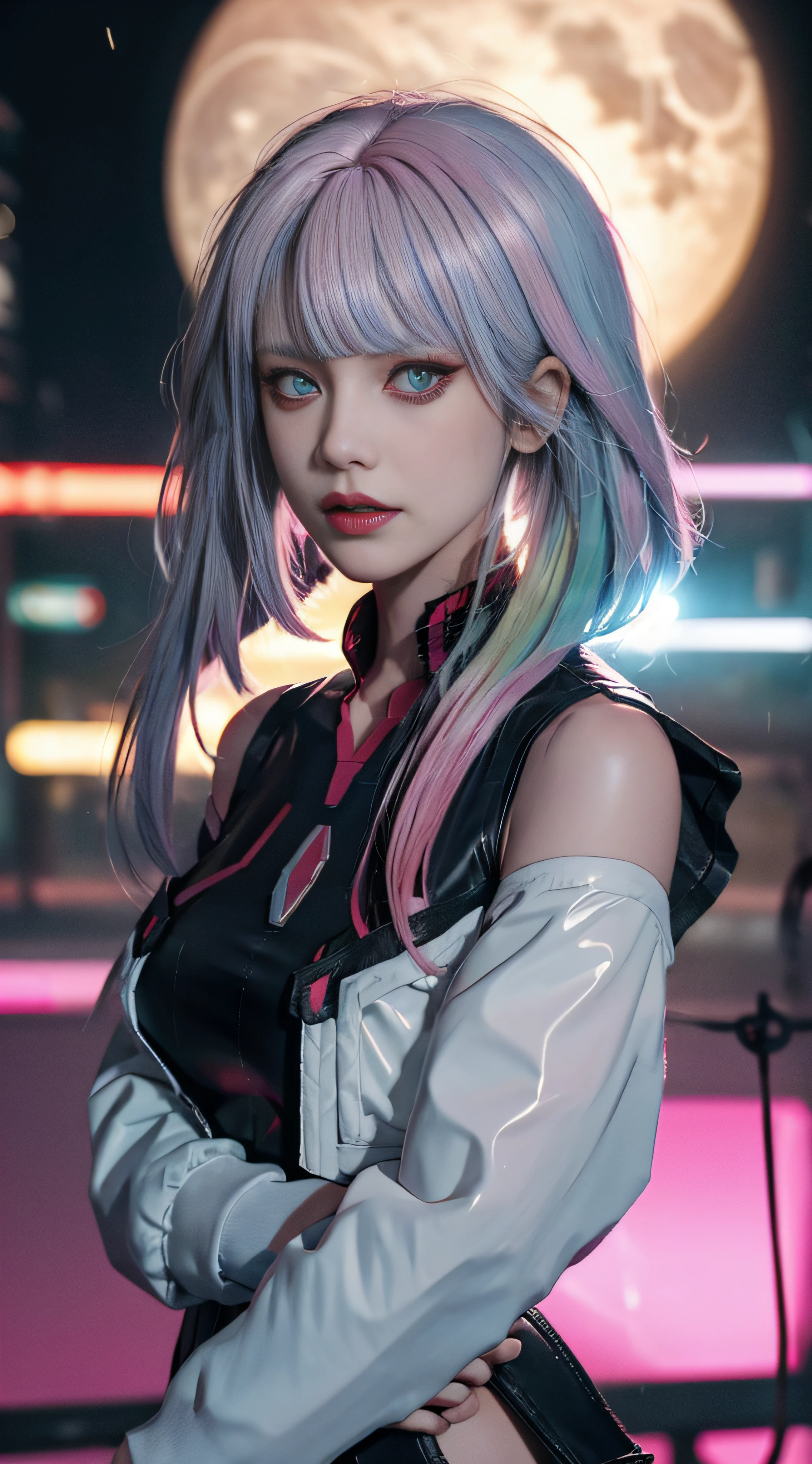 lucy \(Cyberpunk\), 1girll, hair scrunchie, hime-cut, Silver hair, colored tips, full moon, With gray eyes, Jacket, Long sleeves, view the viewer, Extreme light and shadow,tmasterpiece,Film and television light and shadow,8K clarity,Medium hair, O cabelo multicolorido, Bangs separated, lips parted, A pink-haired, Portrait, Red eyeliner, Redlip, Solo, White jacket, cyber punk perssonage\(Series\), Rainy night in neon-lit cyberpunk city