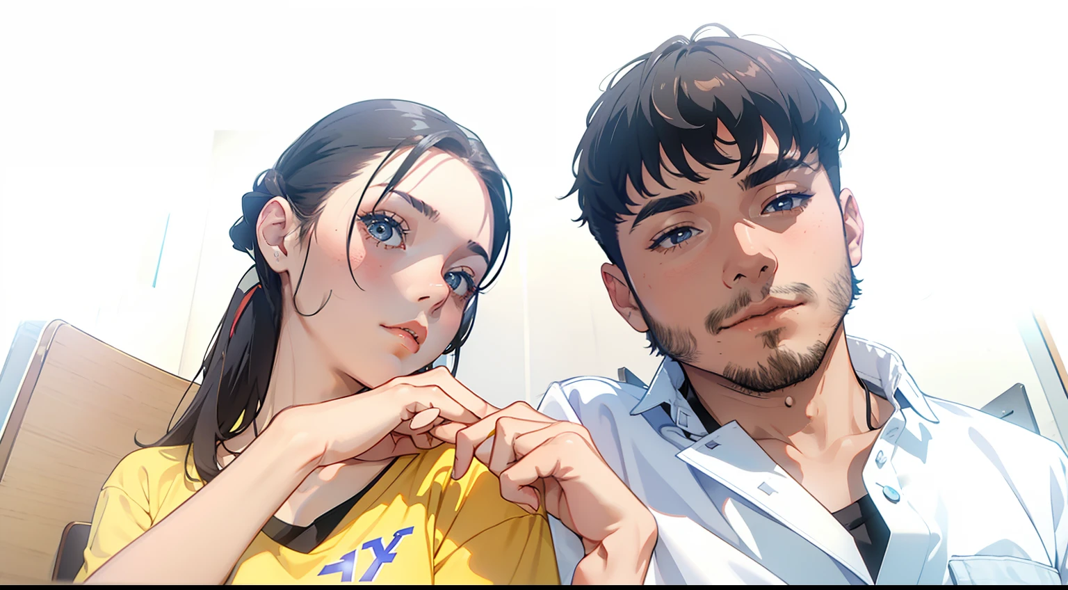 Male and female couples　The girl sits in a chair，Wear tight skirts and shirts。The boys hugged each other from behind。Boy in high school trousers uniform with mashed potato cut hairstyle。Without glasses，Women are not clothed