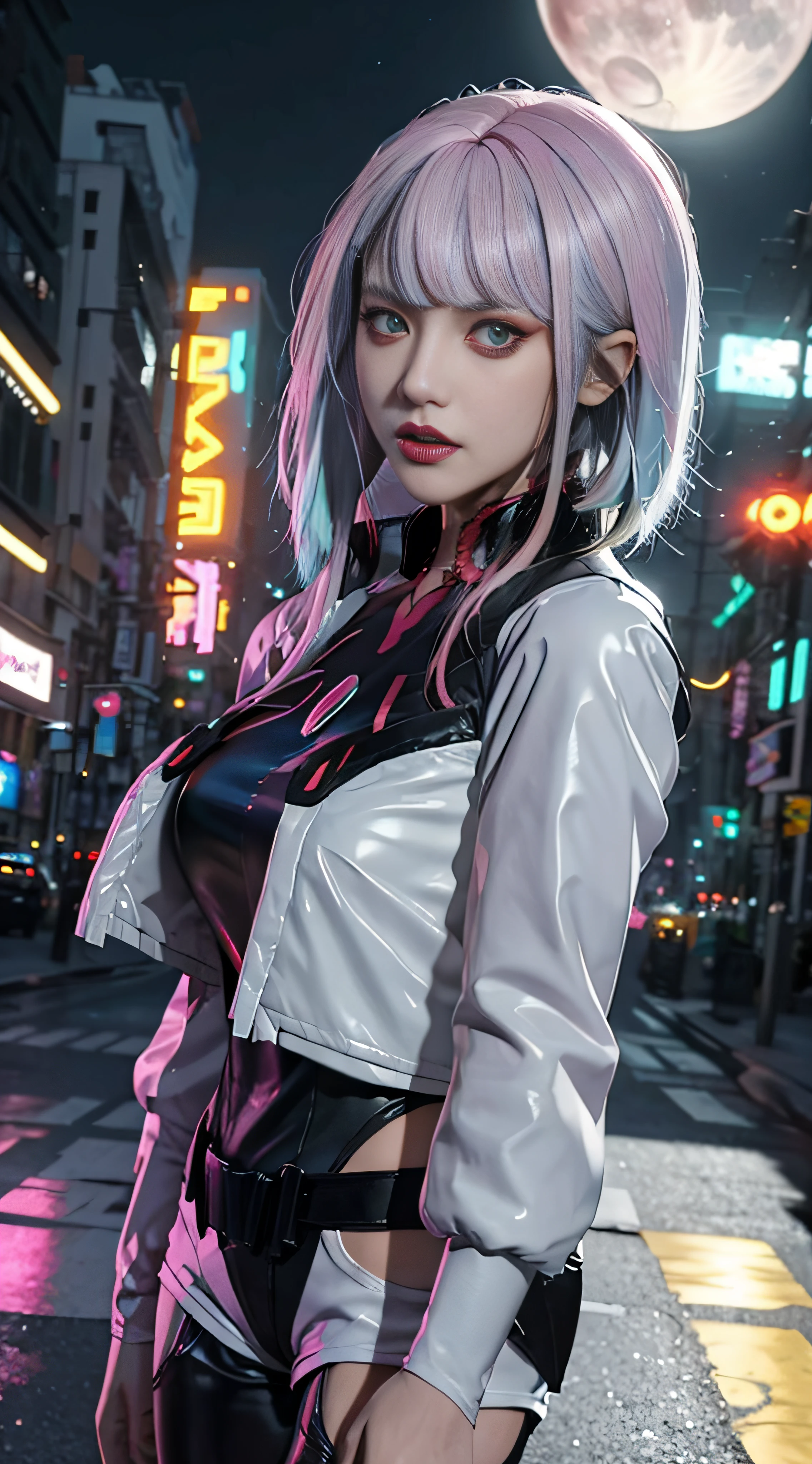 lucy \(cyberpunk\), 1girl,  hair scrunchie, hime cut, silver hair, colored tips, full moon, grey eyes, jacket, long sleeves, looking at viewer, medium hair, multicolored hair, parted bangs, parted lips, pink hair, portrait, red eyeliner, red lips, solo, white jacket, cyberpunk \(series\), rainy night in a cyberpunk city with glowing neon lights