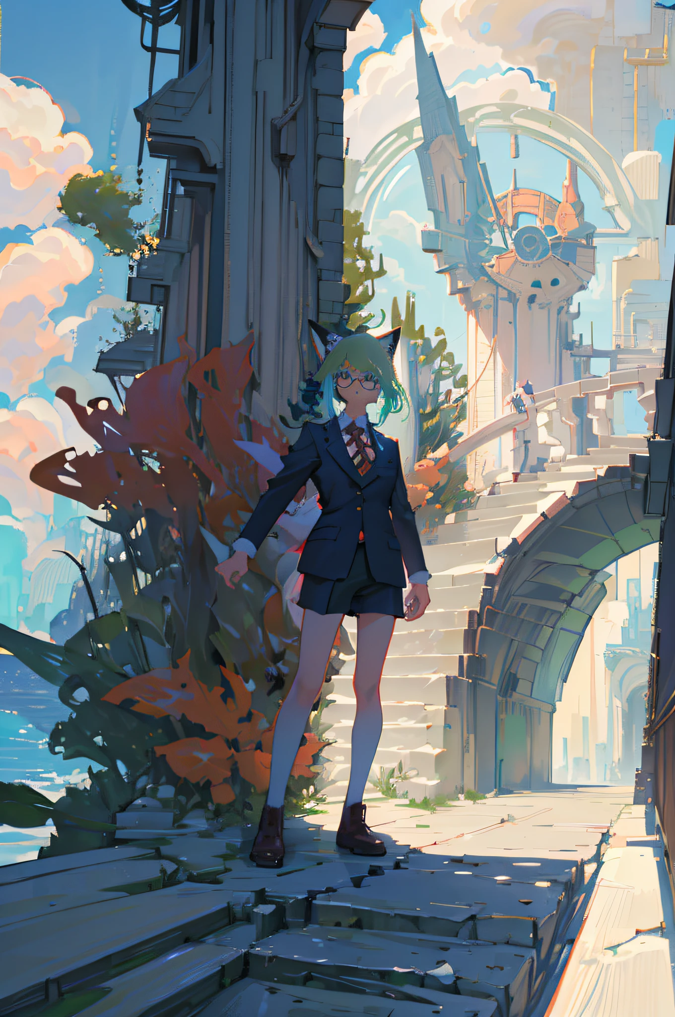 (masutepiece, Highest Quality: 1.1), Ghibli style, Solo, , Weibo Zhi, Tinker wife (masutepiece), Highest Quality, Expressive eyes, Perfect face, Small breasts, slender, Clear glass bottle body, Glass Girl, Transparent wavy green hair, Pink and blue eyes, Green hair, Eyes Like Gems, long eyelashes, Transparency, ((Wearing a blazer suit)), Under-rim glasses whole body, Standing Pose Stretch, Slender legs, Perfect hands, Five Fingers, Yun News (nffsw), No_The human, Cat ears, Scenery, Autumn fate/Stay in the background, Eguchi wind, Clouds, Behi Heroine, Brown Short Boots, I'm in the library, Fate/Stay in the background,(((Time to read calmly))),