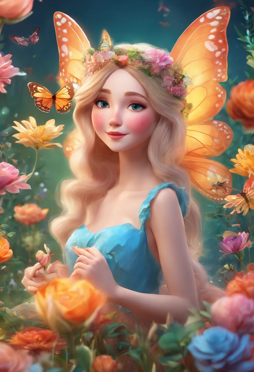 Beautiful girl in fairy costume, Surrounded by flowers and butterflies. content: Watercolor painting. Style: whimsically,Delicate, Like children's book illustrations.