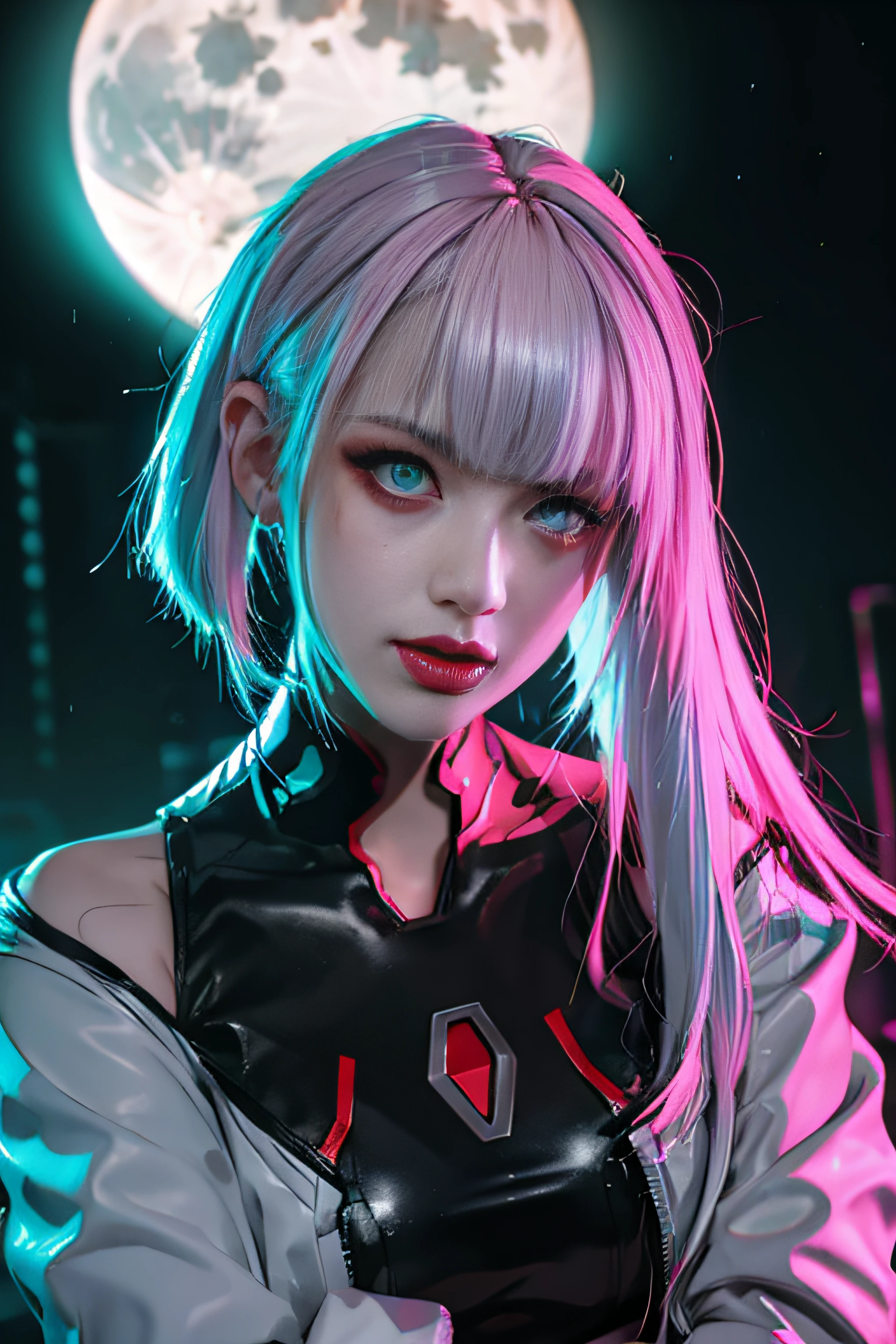 lucy \(cyberpunk\), 1girl,  hair scrunchie, hime cut, silver hair, colored tips, full moon, grey eyes, jacket, long sleeves, looking at viewer, medium hair, multicolored hair, parted bangs, parted lips, pink hair, portrait, red eyeliner, red lips, solo, white jacket, cyberpunk \(series\), rainy night in a cyberpunk city with glowing neon lights