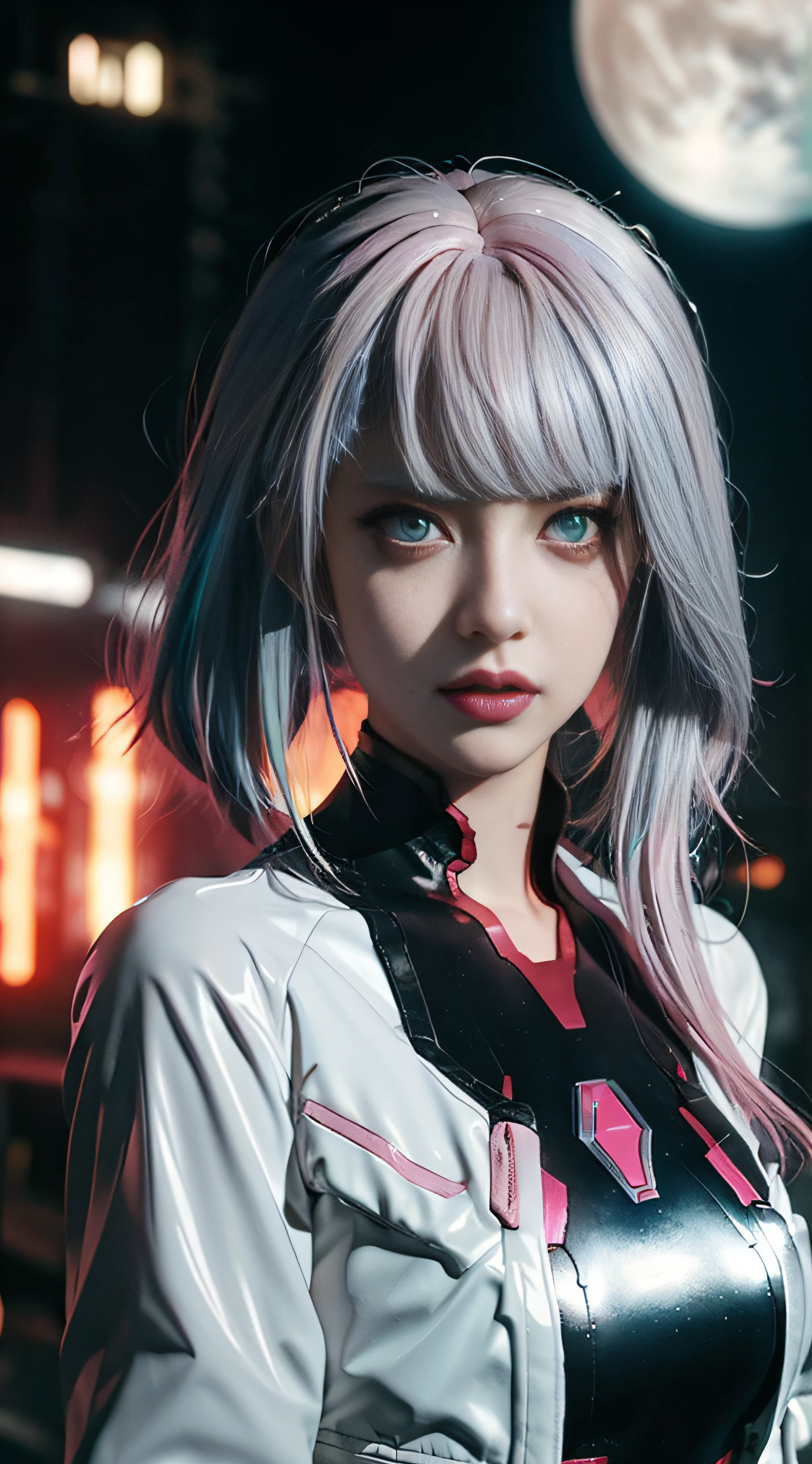 lucy \(Cyberpunk\), 1girll, hair scrunchie, hime-cut, Silver hair, colored tips, full moon, With gray eyes, Jacket, Long sleeves, view the viewer, Extreme light and shadow,tmasterpiece,Film and television light and shadow,8K clarity,Medium hair, O cabelo multicolorido, Bangs separated, lips parted, A pink-haired, Portrait, Red eyeliner, Redlip, Solo, White jacket, cyber punk perssonage\(Series\), Rainy night in neon-lit cyberpunk city,Close-up of face