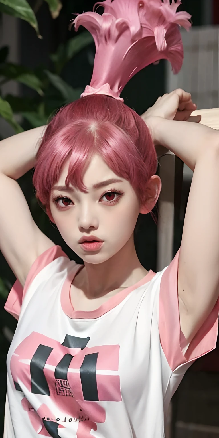 upper body, hamura, 1girl, solo, red eyes, looking at viewer, pink hair, ponytail, lips, t-shirt, arms behind head,