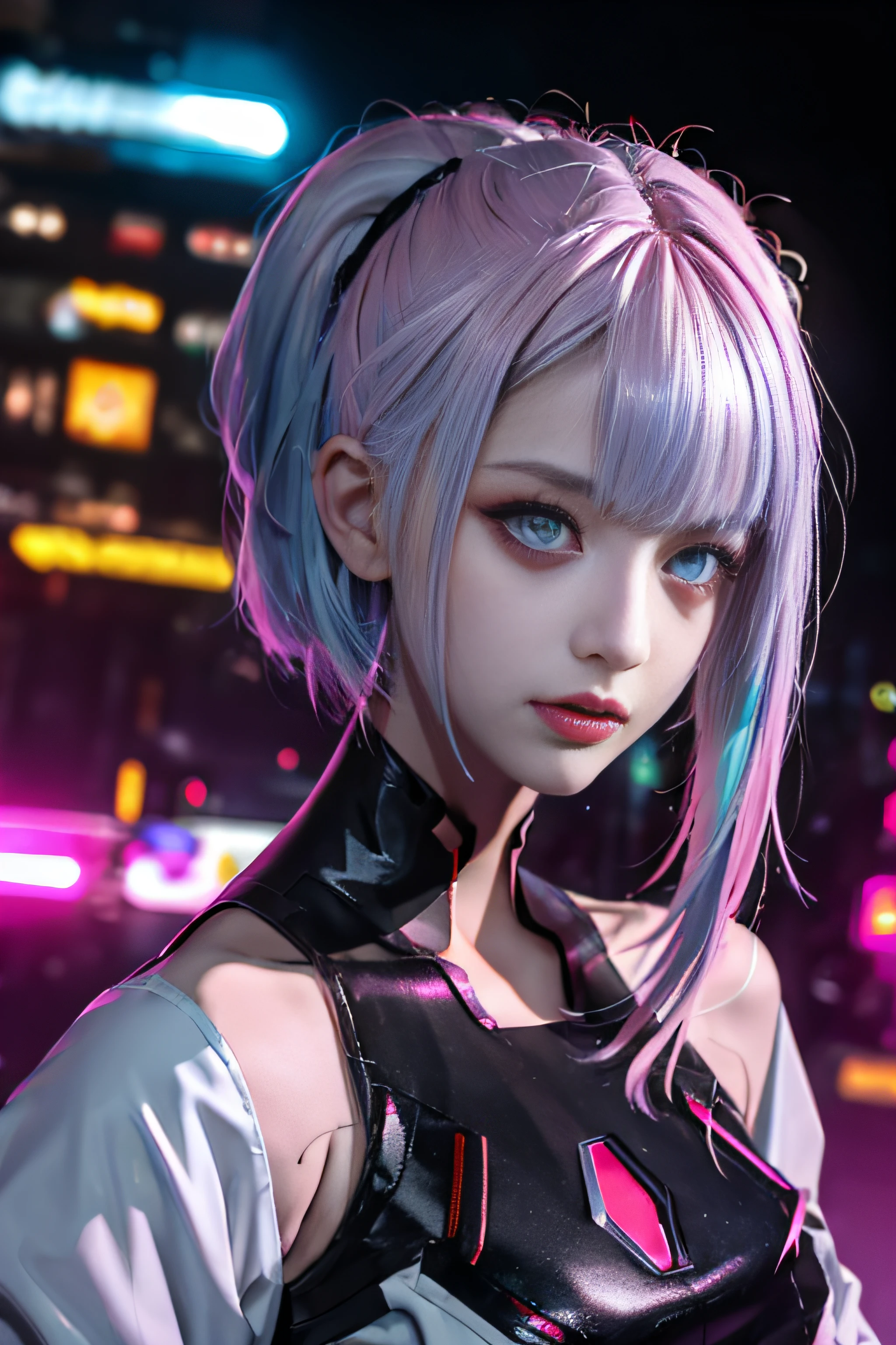 lucy \(cyberpunk\), 1girl,  hair scrunchie, hime cut, silver hair, colored tips, full moon, grey eyes, jacket, long sleeves, looking at viewer, medium hair, multicolored hair, parted bangs, parted lips, pink hair, portrait, red eyeliner, red lips, solo, white jacket, cyberpunk \(series\), rainy night in a cyberpunk city with glowing neon lights