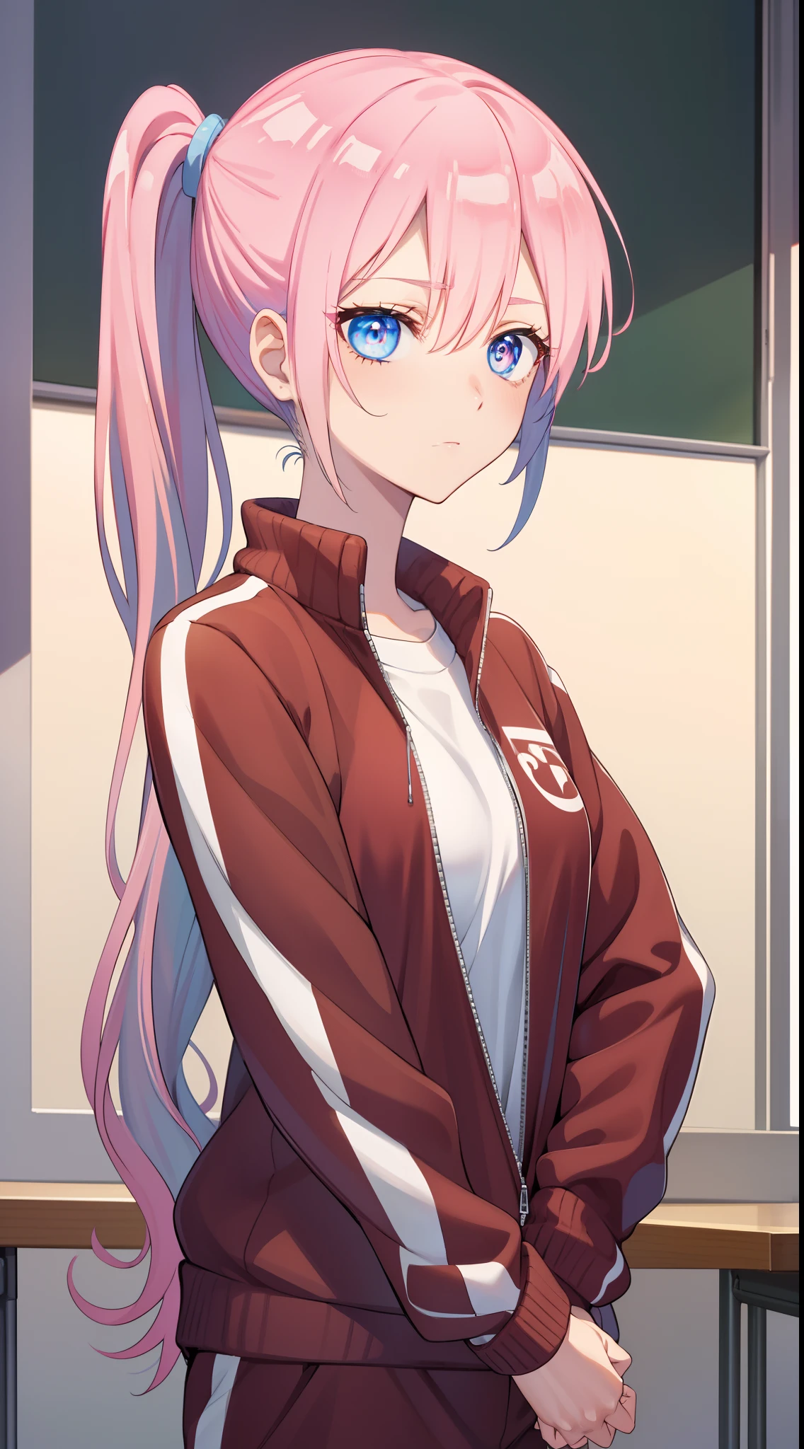 Miyakoshiki Shikimori, Shikimori Miyako, Long hair, Blue eyes, hair between eye, Pink hair,
Break long sleeves, Jacket, White shirt, Side ponytail, blue jacket, tracktop jacket, track suit,
BREAK looking at viewer,
Break indoors, Classroom,
Break (Masterpiece:1.2), Best quality, high resolution, Unity 8k wallpaper, (illustration:0.8), (Beautiful detailed eyes:1.6), Extremely detailed face, Perfect lighting, Extremely detailed CG, (Perfect hands, Perfect anatomy),