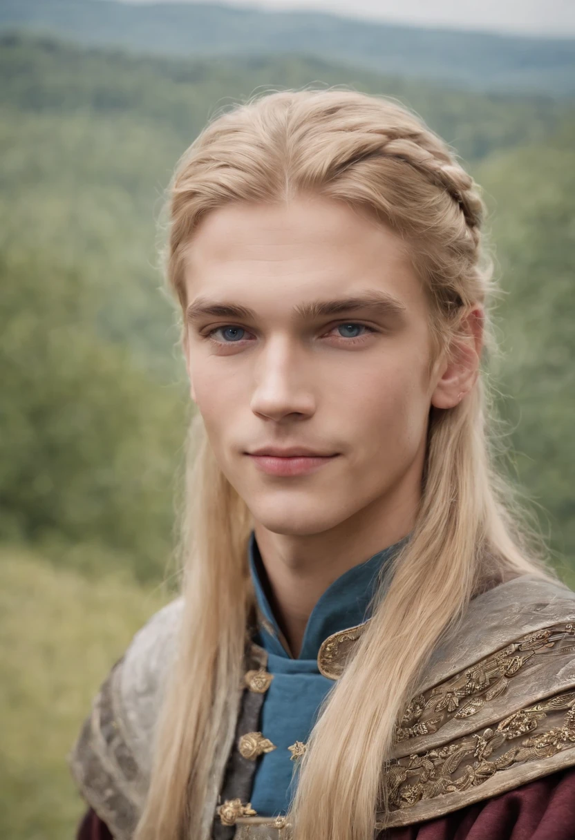 Nordic face、Natural blonde hair、Handsome and beautiful in appearance、Americana、Prince of the kingdom、Refreshing smile、14-year-old boy、Blue eyes、Young face、Beautiful face、Noble attire、The background is a castle
