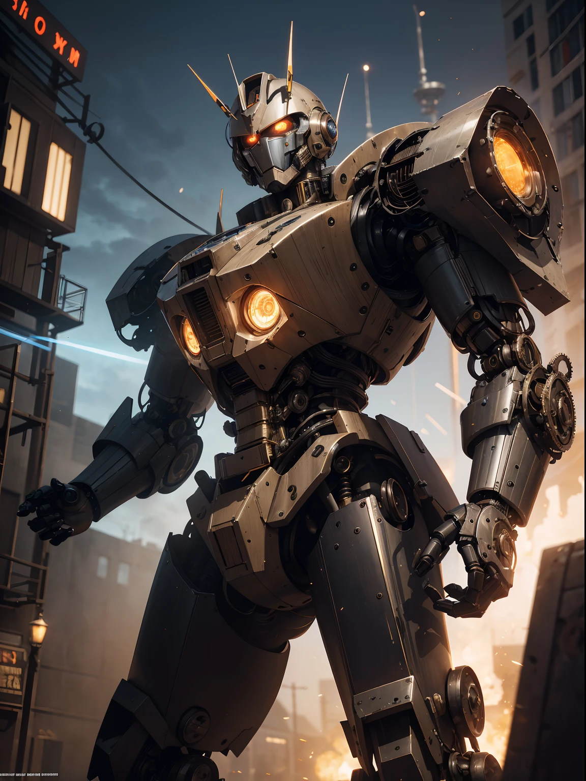 Mechanical steampunk-style mecha, made from mechanical parts, (mecha body), (mecha limbs), ((detailed face)), ((looking at camera)), cowboy shot, cybernetics and servo motors, insane detail, ((dynamic pose)), cinematic lighting, steampunk background.