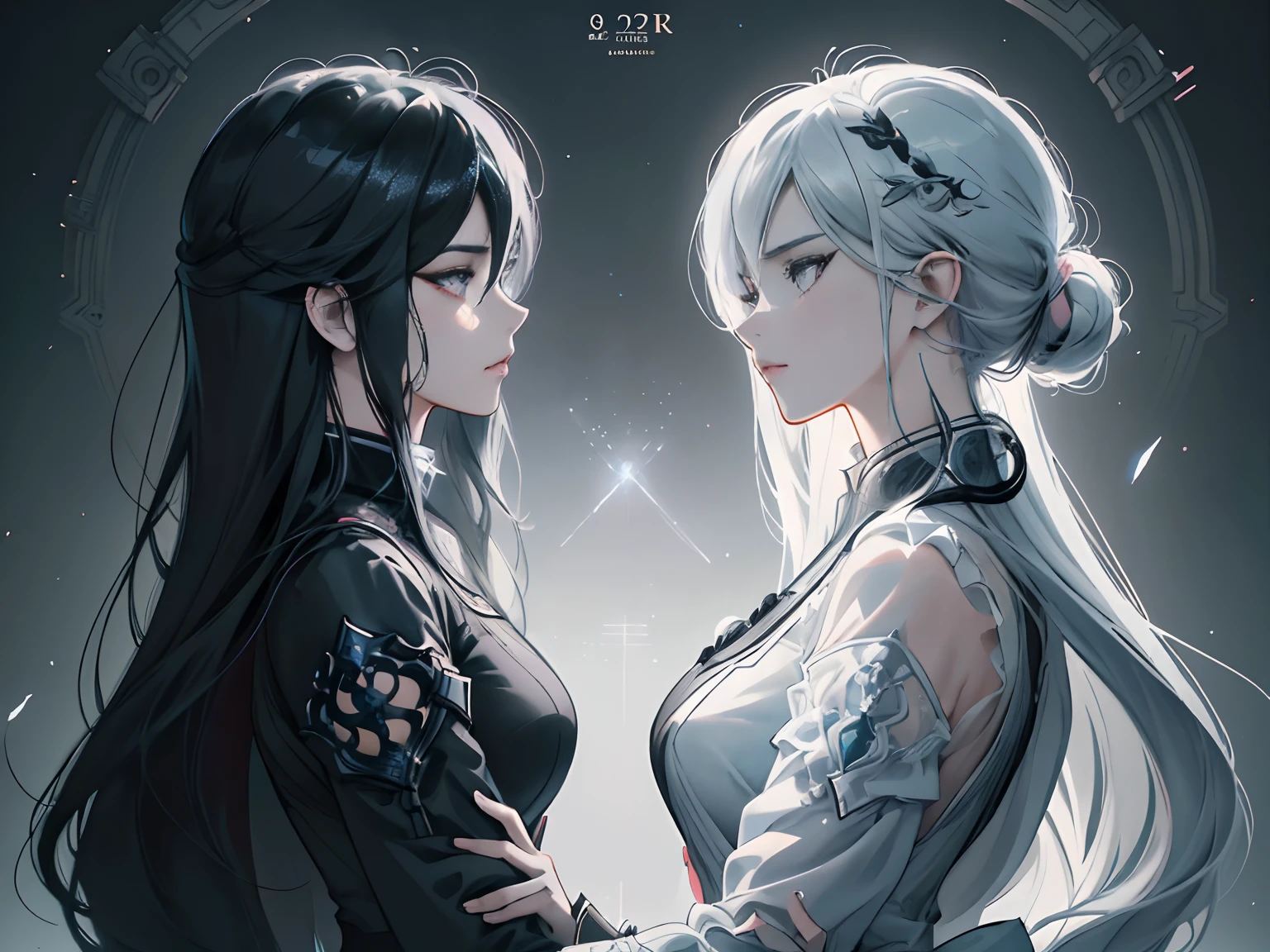 Two women dressed in black and white stand facing each other glaring at each other, Detailed Digital Anime Art, asymmetric, two beautiful anime girls, artgerm and rossdraws, ross tran and bayard wu, 8k high quality detailed art, 4K highly detailed digital art, fanart best artstation, beautiful sci - fi twins, anime art wallpaper 4k