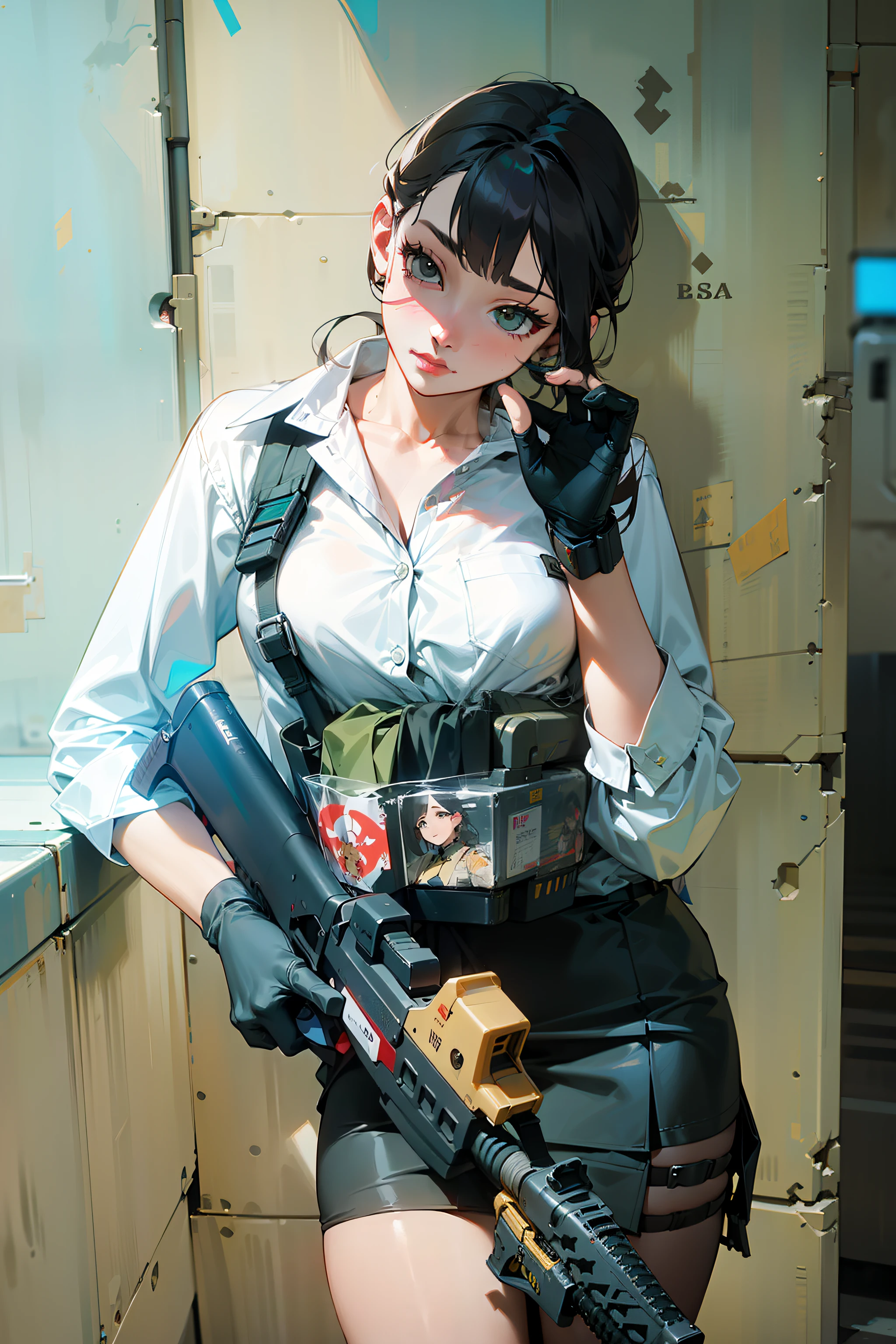 arafed woman in a white shirt and black skirt holding a gun, inspired by Leng Mei, with pistol, with rifle, mechanized soldier girl, professional cosplay, m4 sopmod ii girls frontline, jk uniform, cosplayer, sakimichan, quiet from metal gear solid, style kim jung gi, shooting pose, cyberpunk style outfit, cosplay