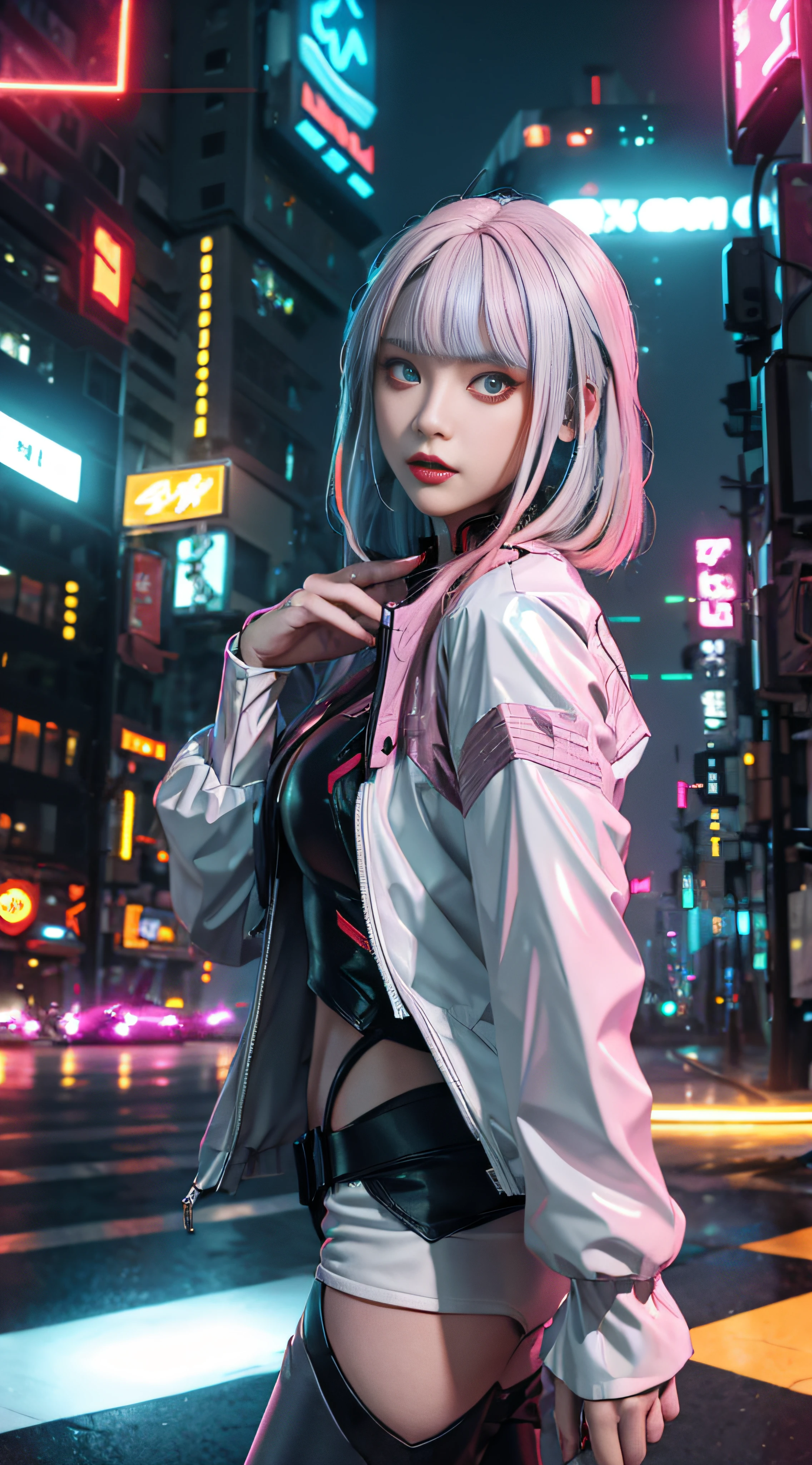 lucy \(cyberpunk\), 1girl,  hair scrunchie, hime cut, silver hair, colored tips, full moon, grey eyes, jacket, long sleeves, looking at viewer, medium hair, multicolored hair, parted bangs, parted lips, pink hair, portrait, red eyeliner, red lips, solo, white jacket, cyberpunk \(series\), rainy night in a cyberpunk city with glowing neon lights