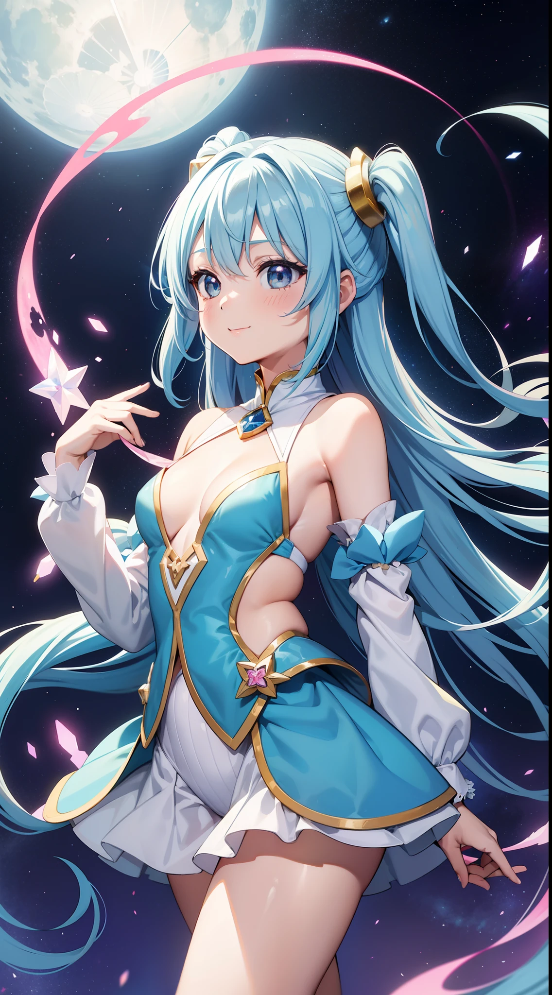 Chibichara a beauty girl A charming smile sky blue hair length hair Facing straight ahead Twin-tailed Glittering white and pink and yellow and blue leotard costume Mystical Fantasia constellation a moon Crystal Brilliance Aurora Borealis in the Night Sky