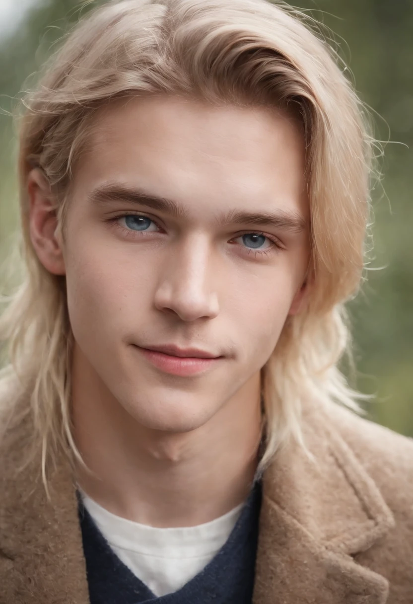 Nordic face、Natural blonde hair、Handsome and beautiful in appearance、Americana、Prince of the kingdom、Refreshing smile、14-year-old boy、Blue eyes、Young face、Beautiful face、Not long hairstyle
