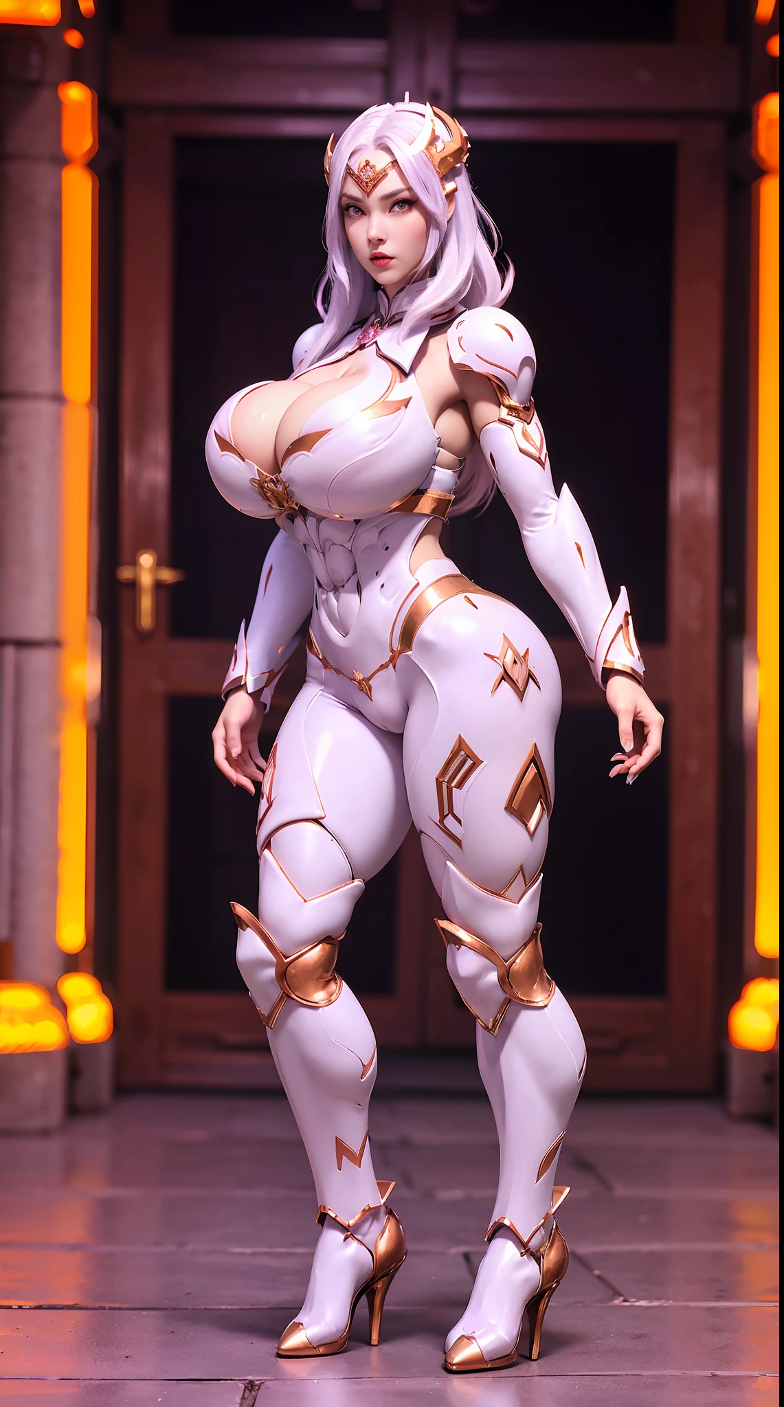 (DRAGON QUEEN HELM), (ULZZANG), (HUGE FAKE BOOBS:1.2), (PURPLE, WHITE), (FUTURISTIC MECHA CROP TOP:1), (CLEAVAGE), (SKINTIGHT YOGA PANTS:1), (HIGH HEELS), (PERFECT BODY:1.2), (FULL BODY:1.2), (LOOKING AT VIEWER), (STANDING:1.3), SEXY BODY, (MUSCLE ABS:1.3), UHD, 8K, 1080P.