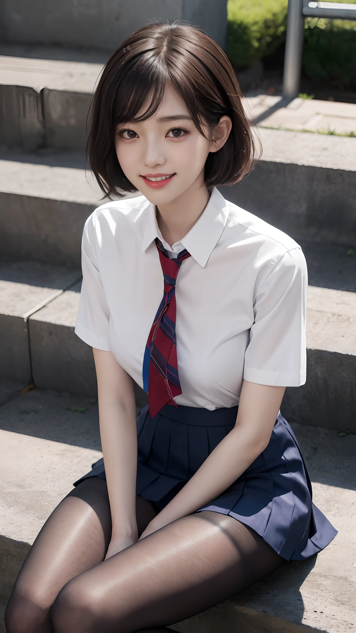 Korean school uniform、summer school uniform shirt、Tight shirt、Ribbon Ties、skirt by the、schools、stairs at school、Emphasize the chest with both arms、Slender and big、8K raw photos、A high resolution、age:18 、jpn、Incision eye、Beautiful eyes finely detailed、long eyelasher、beautiful double eyelid、eyeline、largeeyes、Elongated eye shape、Sanpaku eyes、beautiful and thin legs、Beautiful slender thighs、Random Shorthair、Tie your hair behind your head、耳Nipple Ring、Light brown hair、(Wear pantyhose)、The thighs are pornographic、((Look up and smile))、Cesa、Bend your knees to touch,Full body photo