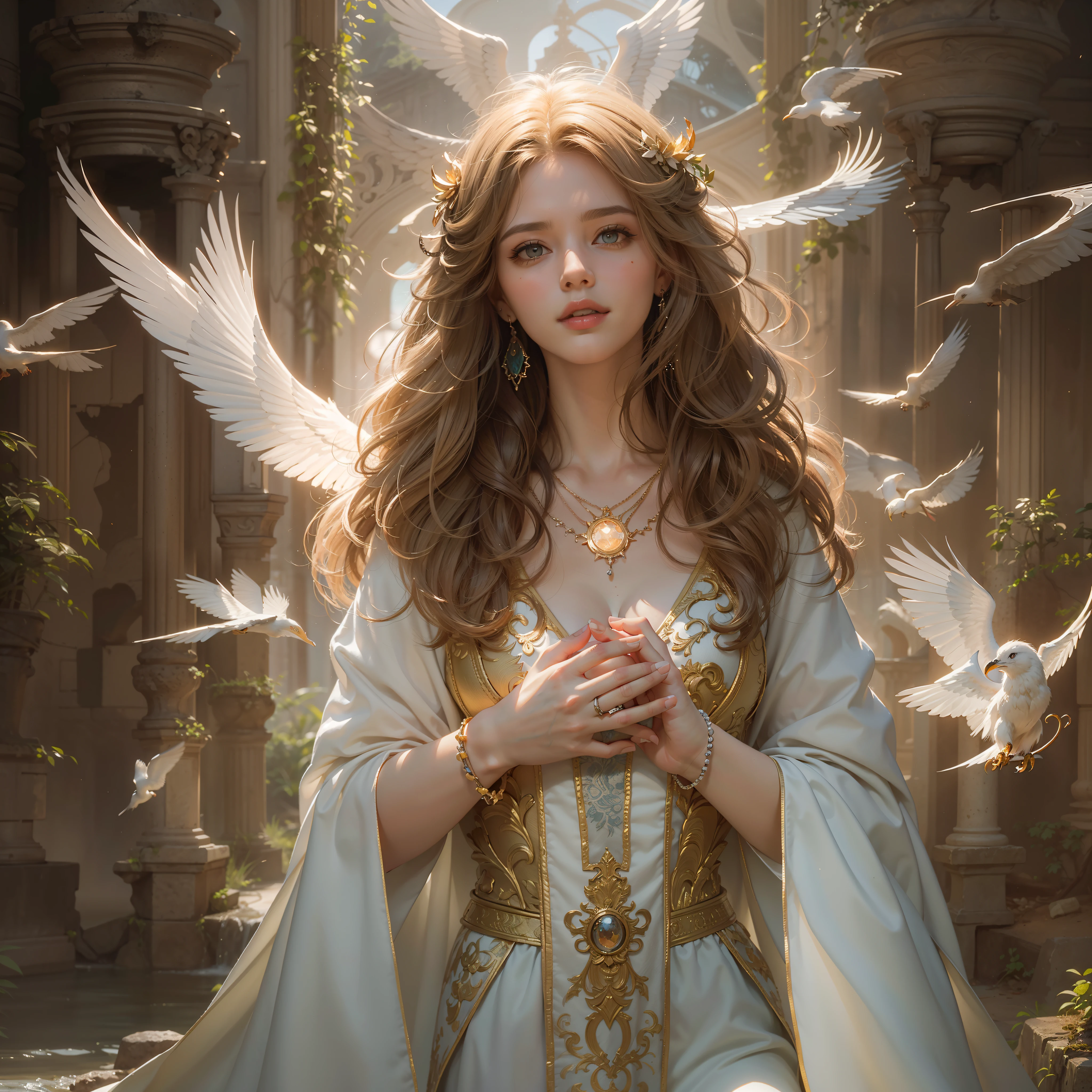 (Numerous award-winning masterpieces, stunning detail, Texture & Maximum Details), (A hyper-realistic:1.4), (realisitic:1.3), (Upper body up:0.3), (Full-body standing image:1.7), (best quality real texture skin), (True Circle Eyes with delicate details), (A delicate and beautiful face out of this world: 1.4), (A strong outpouring of holy light, warm and gentle,: 1.4), ((Medieval world)), (The god of birth:1.4), (Divine Halo: 1.6), (full-body portrait:1.5), (The warmth of a loving mother), (There is joy in her eyes and a happy smile on her face: 1.3), (Open mouth and smile happily), (Beautiful eyes with a twinkle), (Full-body standing image:1.7), (dramatic lighting), (A majestic sight), Her expression is full of tenderness and beauty, (Divine Splendor Magic Circle: 1.6), (Large wings with beautiful white feathers behind the shoulders: 1.3), (Wear a white hooded gown with an elaborate pattern.: 1.4), Folded wings, Earrings in a divine atmosphere of refined craftsmanship, They were followed by the little angels, (((Dramatic photos))), (sunrise), (sunset), (Sunny), ((dramatic pose)), (Brilliant photos), (Golden hair), (Silver hair), (Chestnut Hair), ((inquiry)), ((Looking down)), (Full-body standing image courtesy:1.5), (On her neck is a simple necklace of exquisite workmanship), Old ruins infested with vegetation, Great temple, The Great Cathedral, Great Gentleman, Temple ruins, Detached temples, Ruins of an ancient castle, Desolate ruins, crumbling ruins, Ancient ruins with clear water, Wavelet, Flowing water, shining majestic mass of clouds and sky, epic realistic, murky, fine art, (Greg Rutkowski:0.8), (teal and orange:0.4), (Art Station:1.5), films, ((neutral colors)), (HDR:1.5), (muted colors:1.2), Hyper Detail, dramatic lighting, (intriciate detail:1.1), complicated background,