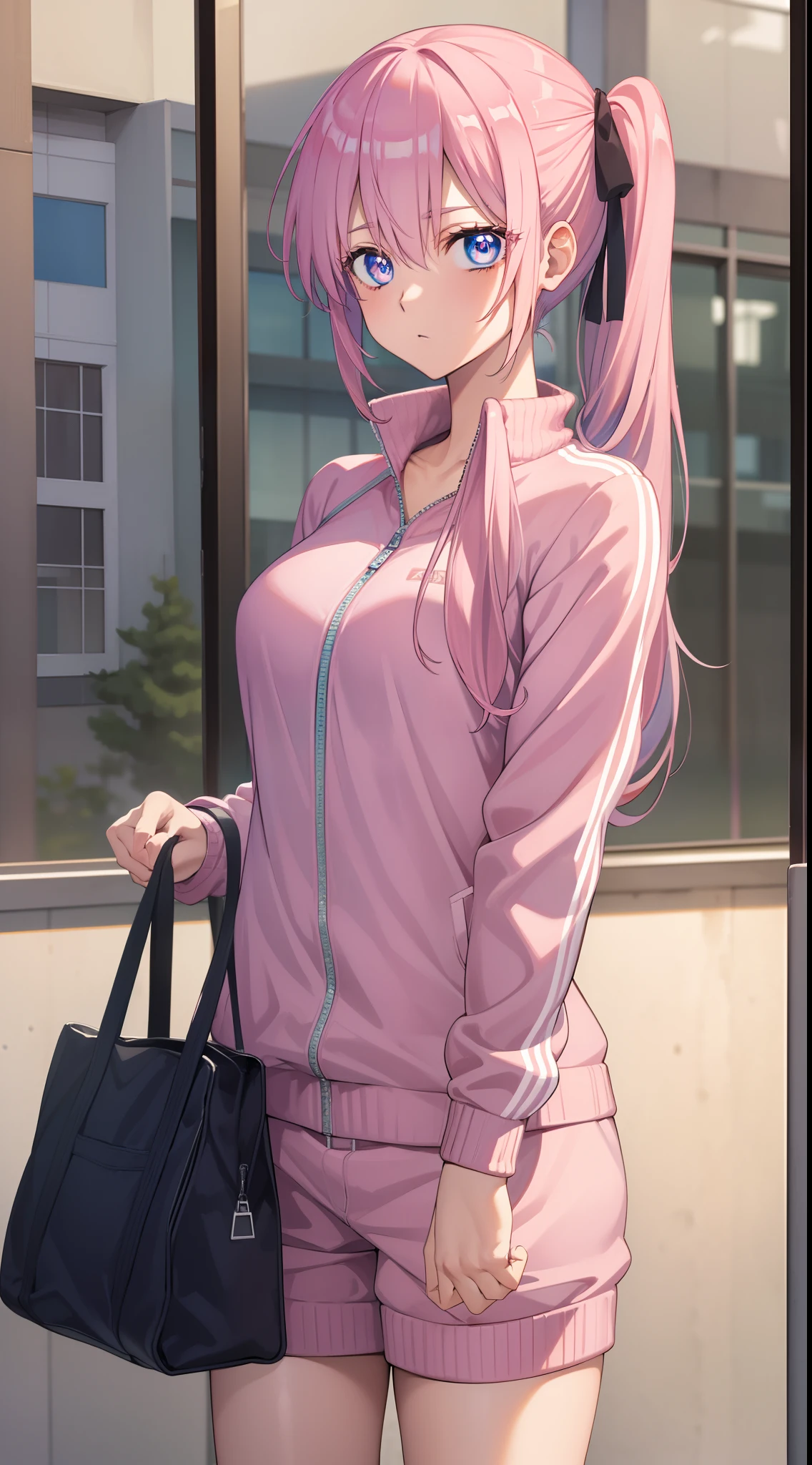 Miyakoshiki Shikimori, Shikimori Miyako, Long hair, Blue eyes, hair between eye, Pink hair,
Break long sleeves, Jacket, White shirt, Side ponytail, blue jacket, tracktop jacket, track suit,
BREAK looking at viewer,
Break indoors, Classroom,
Break (Masterpiece:1.2), Best quality, high resolution, Unity 8k wallpaper, (illustration:0.8), (Beautiful detailed eyes:1.6), Extremely detailed face, Perfect lighting, Extremely detailed CG, (Perfect hands, Perfect anatomy),