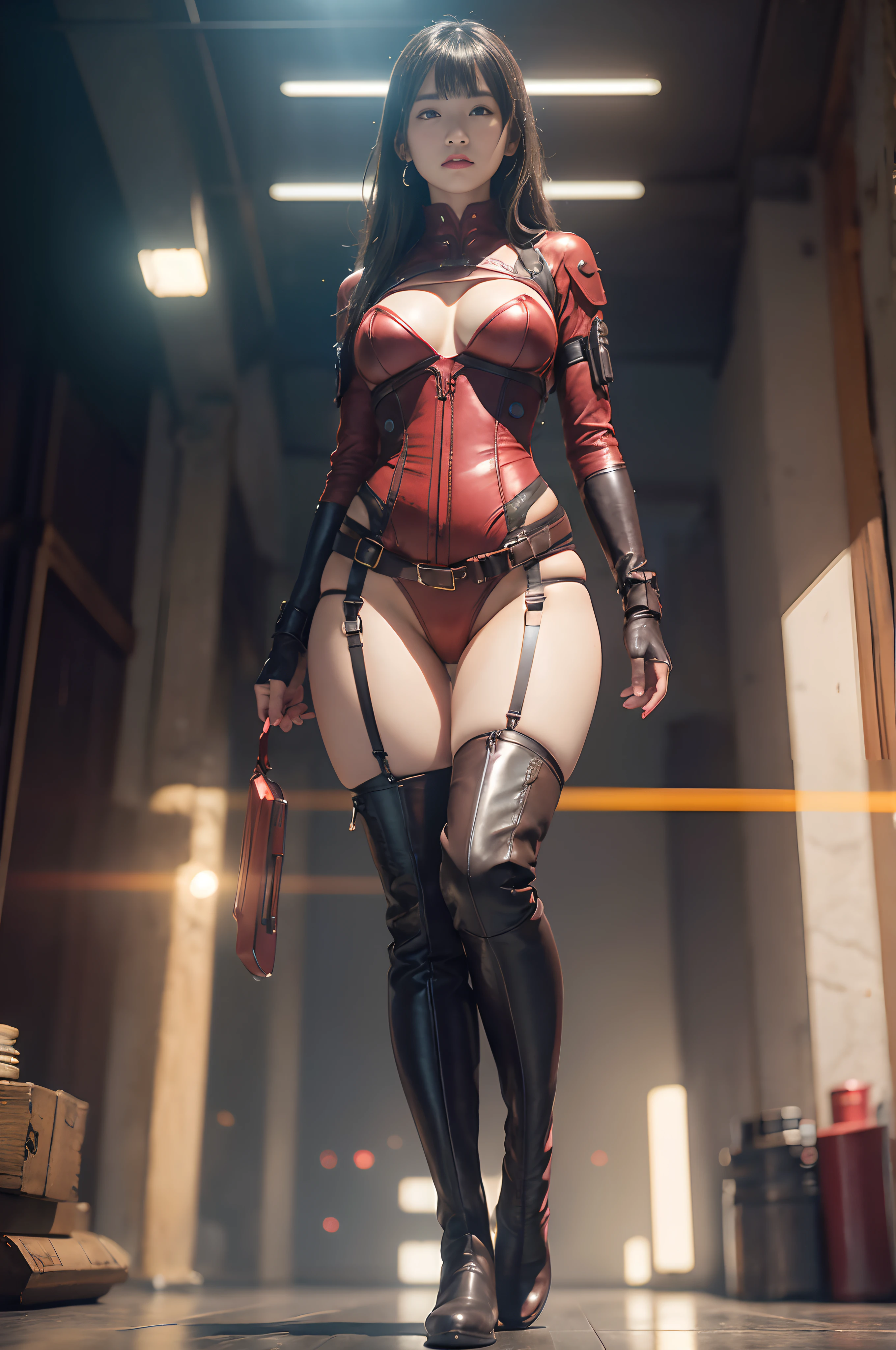 Photorealsitic:1.5), Future Girl,nippless、 japanes,(thick body), (Bodysuits) ,lights on armor, Exposure of the abdomen,23years old、Standing Pose、Full body like、((Sci-fi details and worldview))、(((Crimson Corset、garterbelts、Arm Cover、Red panties&bura、Transparent Panty House、long Leather boots)))、Looking at the camera, dynamicposes, scientific fiction, nffsw, Ray traching, NVIDIA RTX, Hyper-Resolution, Unreal 5, Sub-surface scattering, PBR Texturing, post processed, Anisotropy Filtering, depth of fields, Maximum clarity and sharpness, thirds rule、(Luminescent particles:1.4)、(extremely details CG、Unity 8k Wallpapers、。.。.3D、lighting like a movie、lensflare)、Reflectors、foco nítido、Cyberpunk Art、Cyberpunk architecture、 Standing Pose、Full body like、((Sci-fi details and worldview))、Looking at the camera、Shining eyes、ssmile、Constricted waist、enchanting posture、sexy pose、Rembrandt rays、Soft light、Simple background、Dark background、realistic representation of face、(top-quality、Nikon RAW Photos、8 K、Kodachrome、masterpiece、超A high resolution)