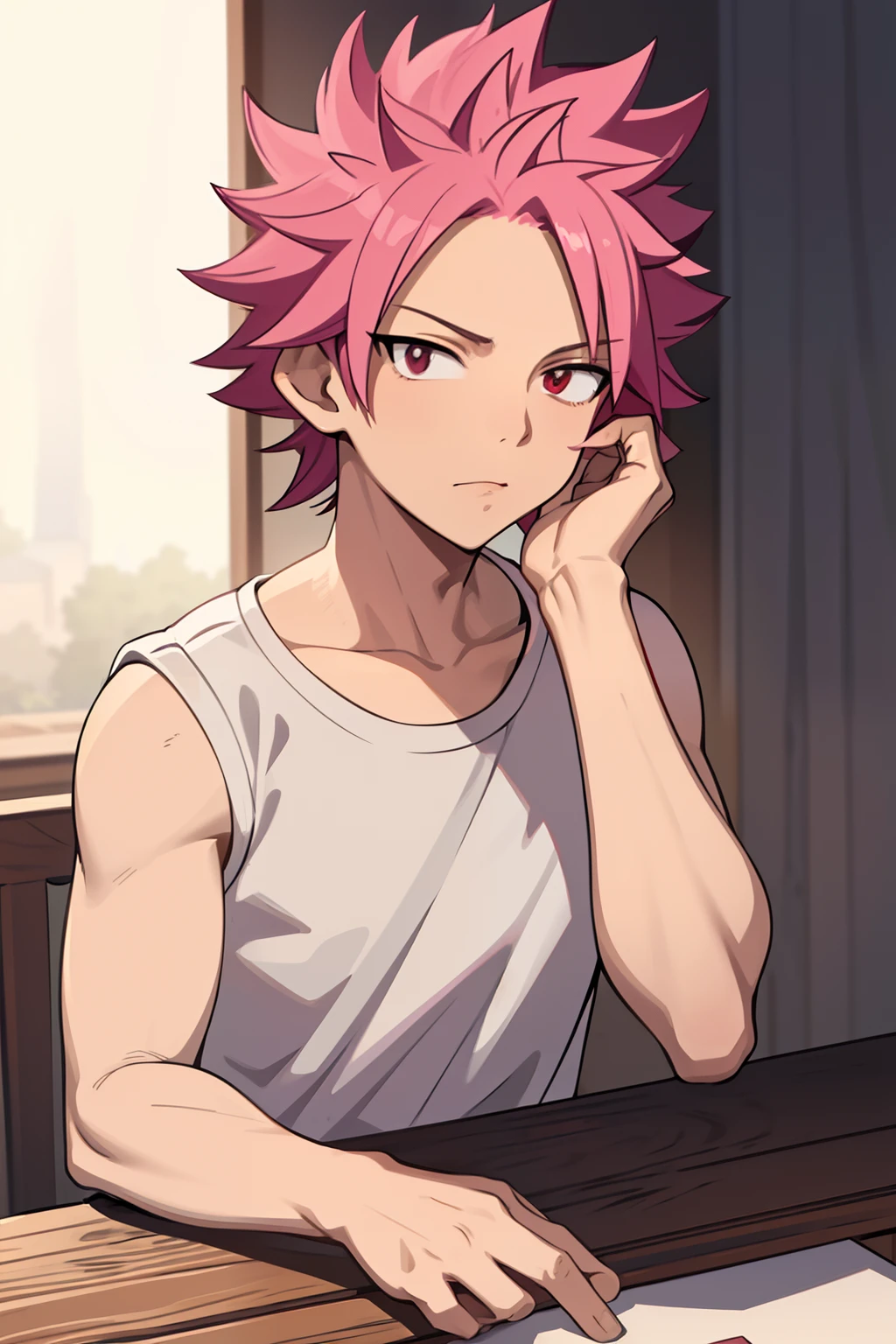 masterpiece, best quality, high quality, 1boy, solo, male focus, looking at viewer, upper body, natsu_dragneel, pink hair