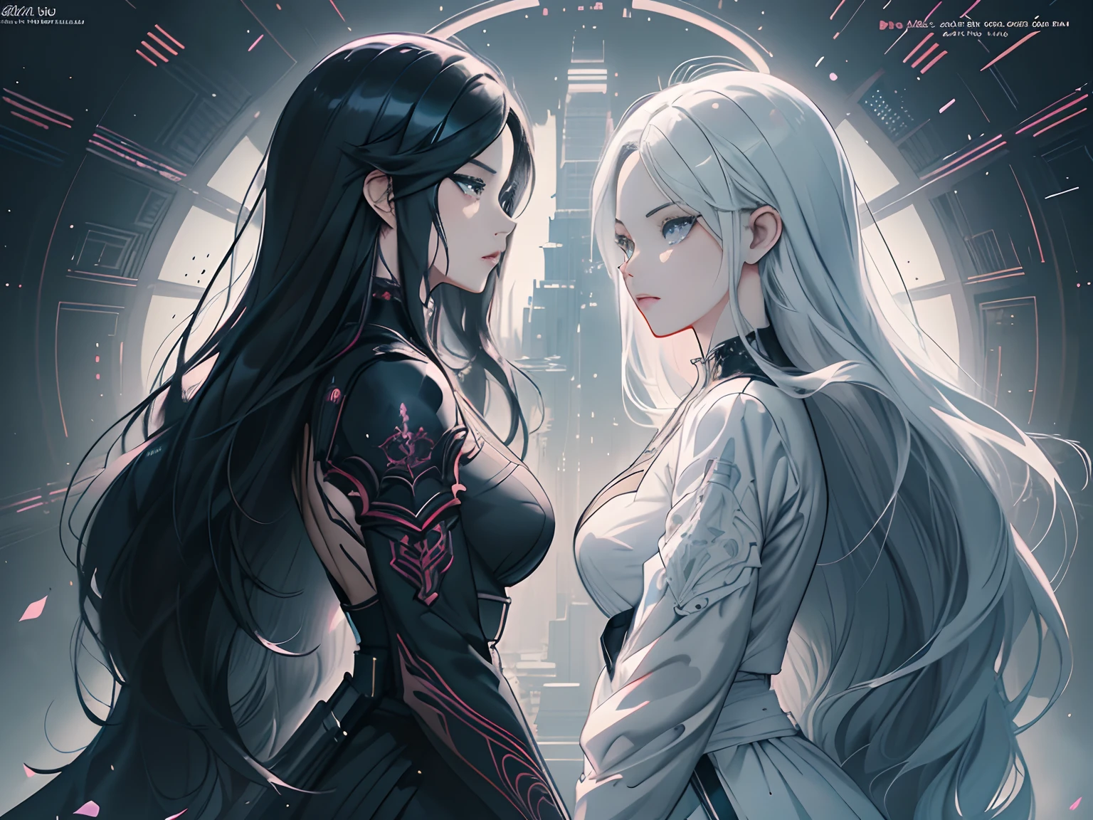 Two women dressed in black and white stand facing each other、glaring at each other, Detailed Digital Anime Art, asymmetric, two beautiful anime girls, artgerm and rossdraws, ross tran and bayard wu, 8k high quality detailed art, 4K highly detailed digital art, fanart best artstation, beautiful sci - fi twins, anime art wallpaper 4k
