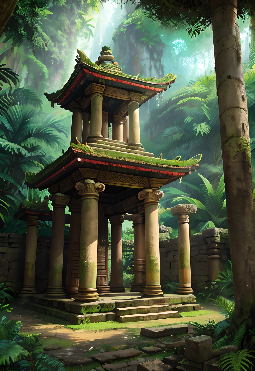 an image of ancient temple ruins in a lush jungle using an impressionistic art style. Blur the boundaries between the temple and its surroundings, using bold brushstrokes to convey the play of light and shadow, and the interplay of colors in the vibrant foliage