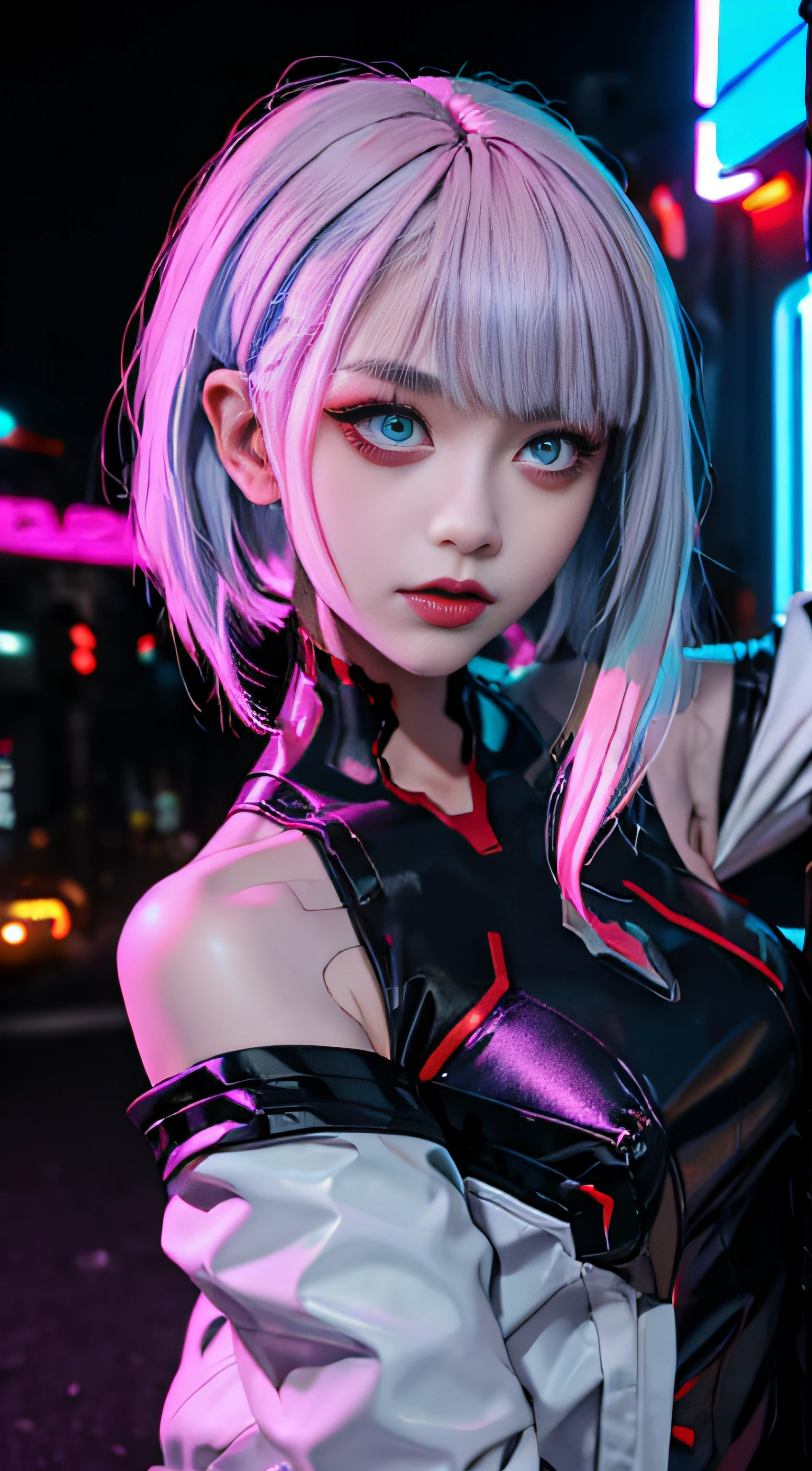 lucy \(cyberpunk\), 1girl,  hair scrunchie, hime cut, silver hair, colored tips, full moon, grey eyes, jacket, long sleeves, looking at viewer, medium hair, multicolored hair, parted bangs, parted lips, pink hair, portrait, red eyeliner, red lips, solo, white jacket, cyberpunk \(series\), rainy night in a cyberpunk city with glowing neon lights