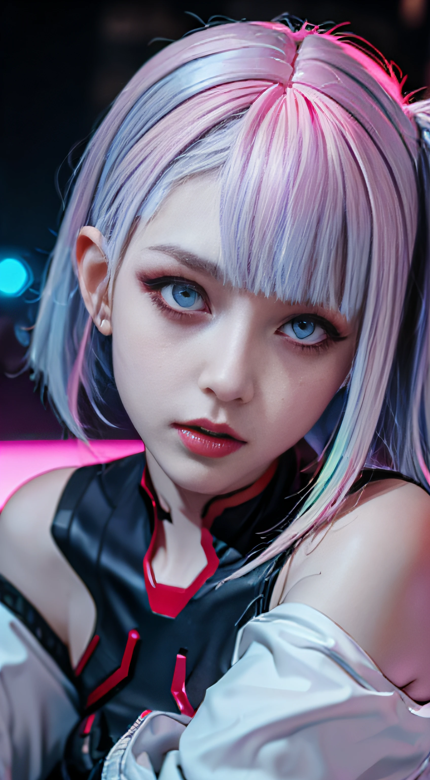 lucy \(cyberpunk\), 1girl, hair scrunchie, hime cut, silver hair, colored tips, full moon, grey eyes, jacket, long sleeves, looking at viewer, medium hair, multicolored hair, parted bangs, parted lips, pink hair, portrait, red eyeliner, red lips, solo, white jacket, cyberpunk \(series\), rainy night in a cyberpunk city with glowing neon lights