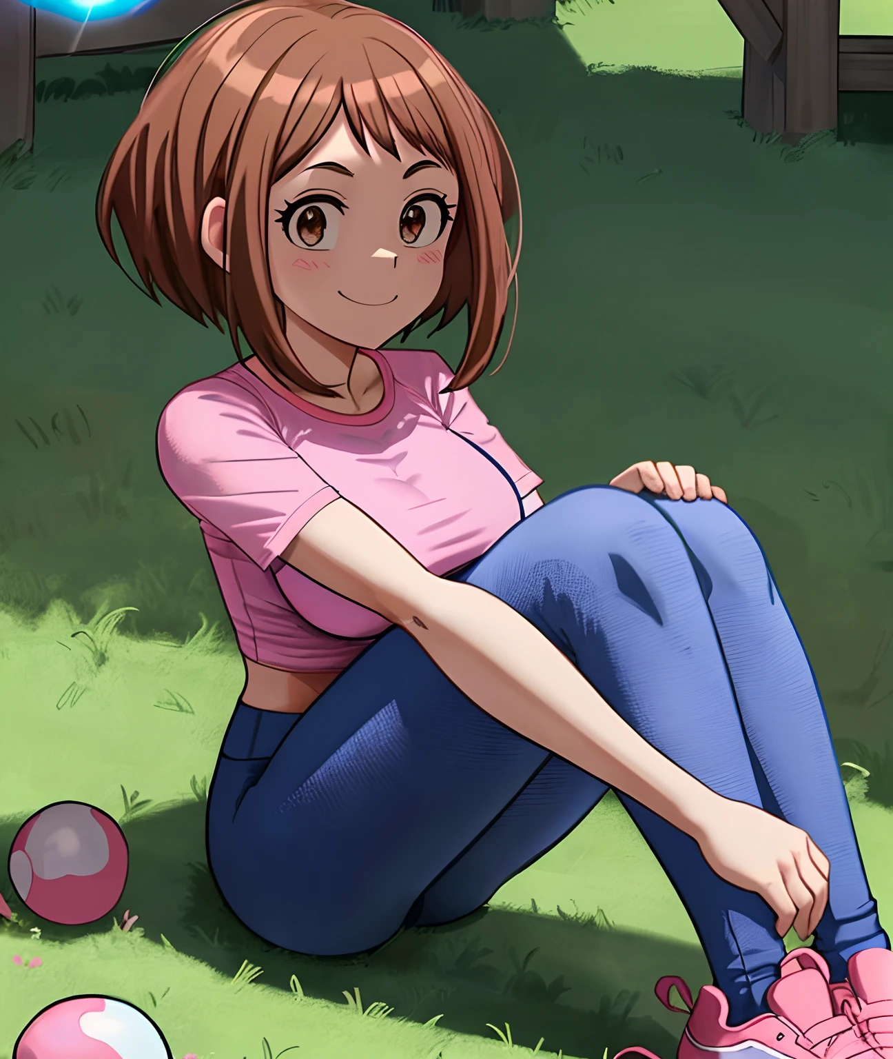 [ochako uraraka], [Boku no hero academia], ((masterpiece)), ((HD)), ((high quality)), ((solo portrait)), ((front view)), ((full body)), ((anime)), ((Kohei Horikoshi)), ((detailed shading)), ((cel shading)), ((intricate details)), ((cinematic lighting)), {ochako, (rosy cheeks), (cute round brown eyes), short brown hair, short eyelashes, large boobs, (gorgeous hips), (beautiful legs), (excited smile), white teeth)}, {(pink tee shirt), (blue spandex yoga pants), (pink sneakers)}, {(sitting on picnic blanket), (looking at viewer)}, [Background; (grass), (blue sky), (sun rays)]