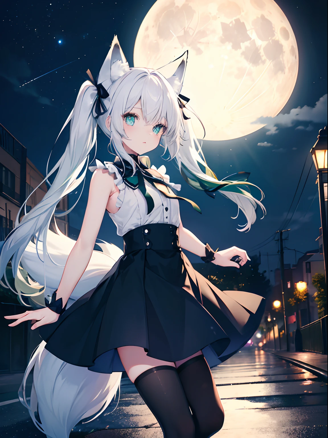 High quality, 1girl, {night}, {jig eyes}, {white hair}, {blue and green eyes}, fox ears, fox tail, twin tails with black ribbon, sleeveless, thin tights, {night park}, {low angle}, street light, full moon