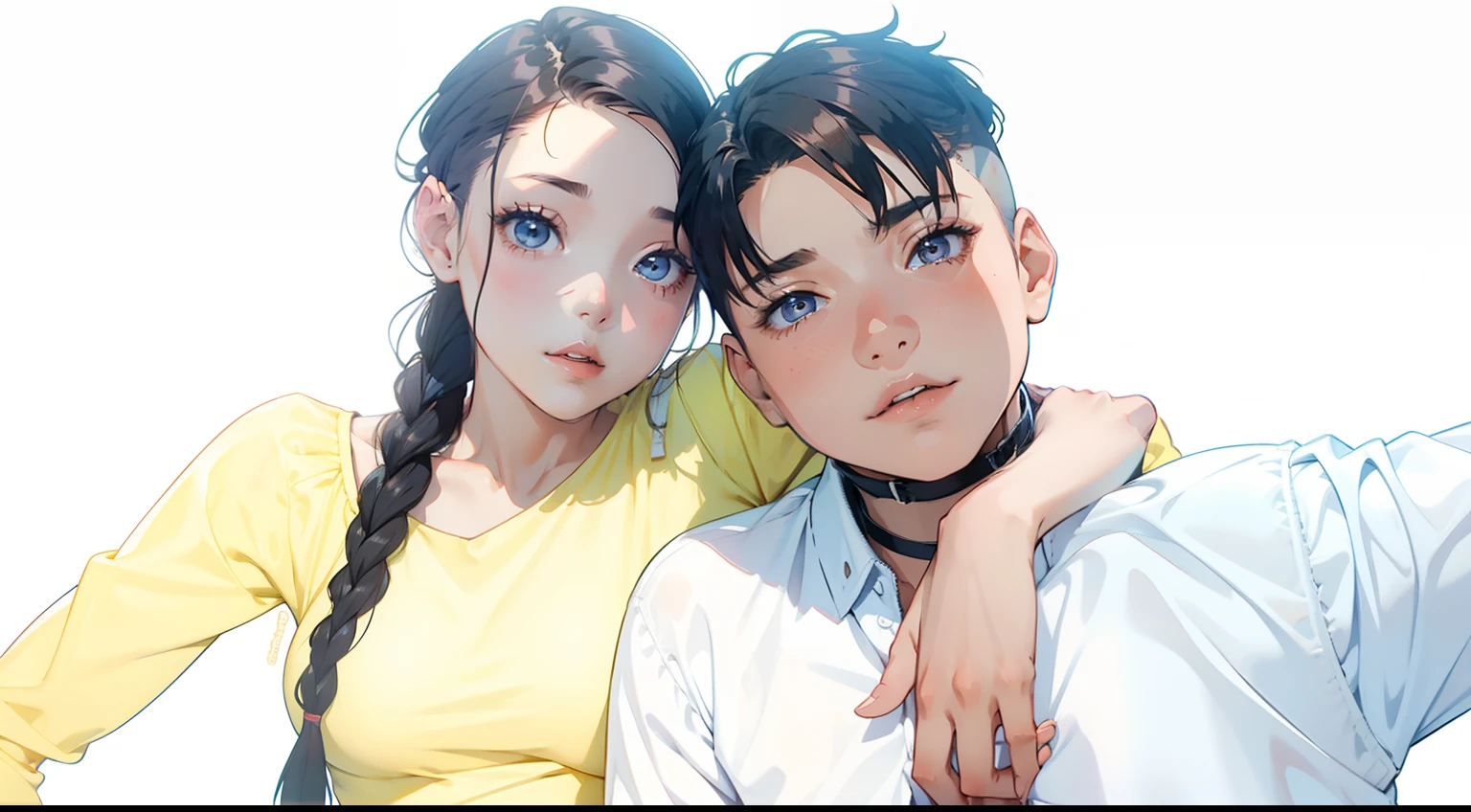 Male and female couples Girl sitting on a chair wearing a tight skirt over a blouse。Boys hugging each other from behind。Boy in high school long pants uniform with mash cut hairstyle。Without glasses