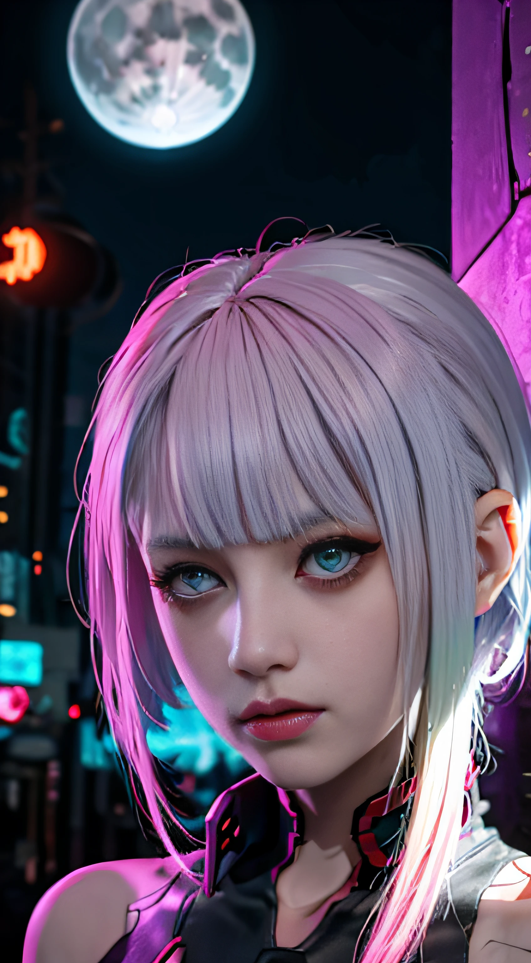 lucy \(cyberpunk\), 1girl,  hair scrunchie, hime cut, silver hair, colored tips, full moon, grey eyes, jacket, long sleeves, looking at viewer, medium hair, multicolored hair, parted bangs, parted lips, pink hair, portrait, red eyeliner, red lips, solo, white jacket, cyberpunk \(series\), rainy night in a cyberpunk city with glowing neon lights