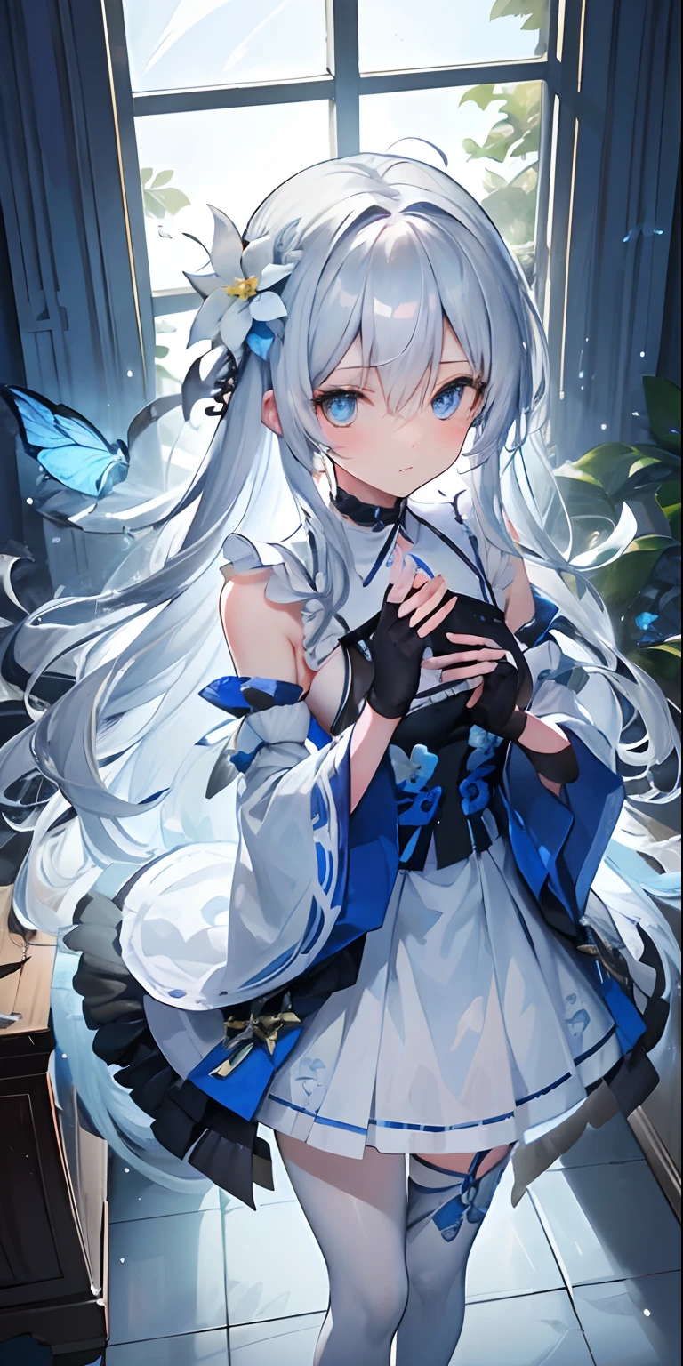 (Overhead view), dynamic angle, ultra-detailed, illustration, close-up, direct, 1 girl, (fantasy: 1.4), (blue eyes: 1.233), Her eyes shone like dreamy stars, (bright eyes: 1.233), (beautiful, detailed eyes:1.1),(silver hair:1.14),(messy hair,very long hair,French braid,hair between eyes,side locks),(+(bule hair flower:1.14)),(dress chiffon, teapot flower pattern on uniform)/=(military uniform: 1.24),(detached sleeves,wide sleeves),(fingerless gloves),choker,(miko thighs),High heel boots,(expressionless,mouth closed),(standing), (classic princess boudoir with dressing table and French window in white ancient palaces), (white flowers, blossom), (abysmal sea), (running water), (a dull blue tree in the world: 1, 14), (ruins), (night: 1,2),soul,dreamy,(fluorescence),(flying translucent blue butterflies:1.15), [[delicate fingers and hands:0.55]::0.85],(detailed fingers) ,(yubao:0.5),