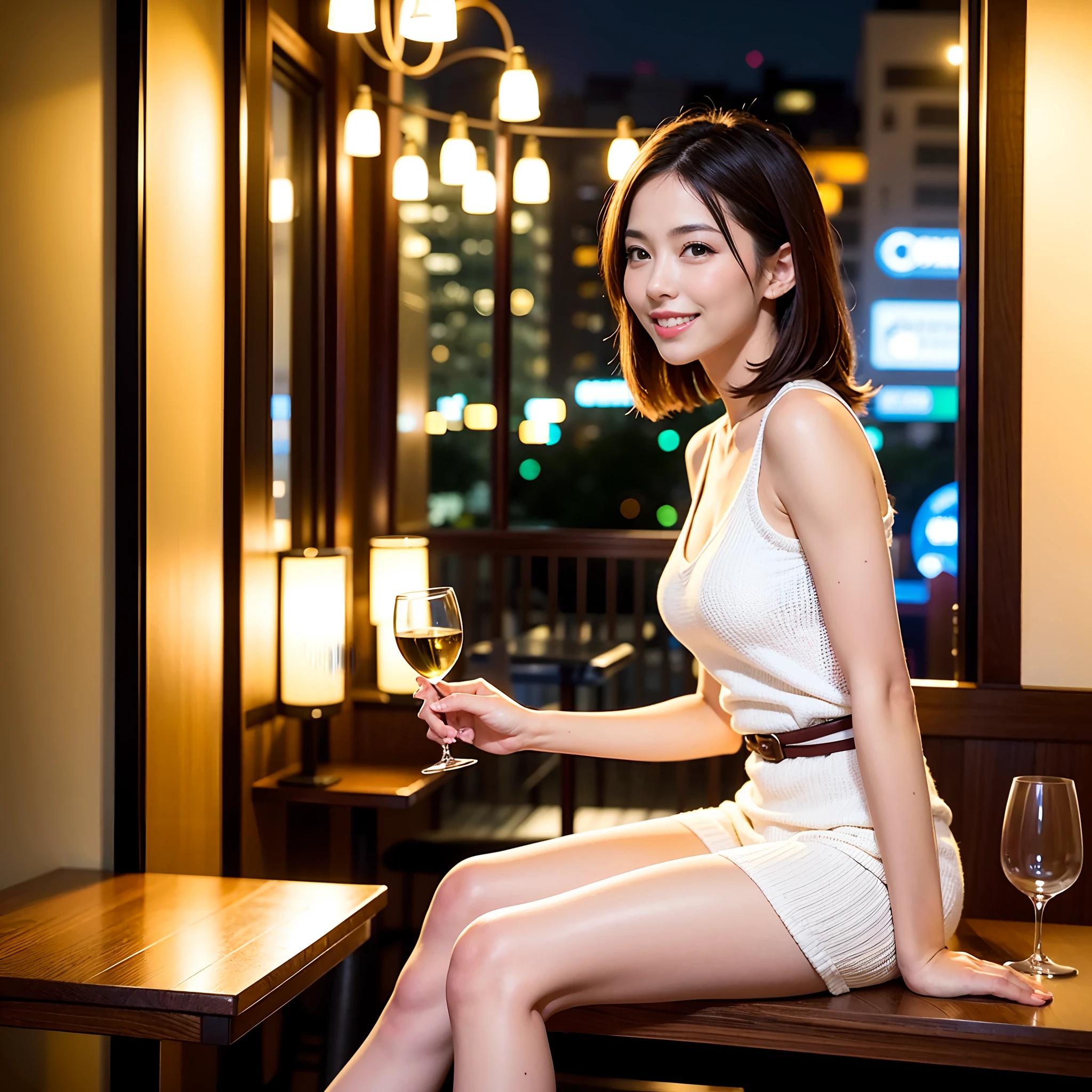 (64K, UHD, top quality, masterpiece: 1.2), (realistic, photorealistic: 1.37), super detailed, pretty woman 1 person, (slim face), (slim body), (brown hair), (short cut), cheeks slightly blushing, (35 years old), 38 years old, solo, beautiful detailed urban night view outside the window, restaurant, wine glasses sit, at night, in a prominent place (from the waist up) NovaFrogStyle, Actress, Model, Waist Up, White Wine, Slim, Wine Glass, Super Clean Night View, Wine Glass Put in the Middle, Happy Smile, (Smile: 1.15), Beautiful Fine Eyes, Upper Body, Bust Japan Up, Night, Short, Short, Actress, Model, Waist Up, White Wine, Slim, Wine Glass, Super Clean Night View, Wine Glass Put in the Middle, Happy Smile,
