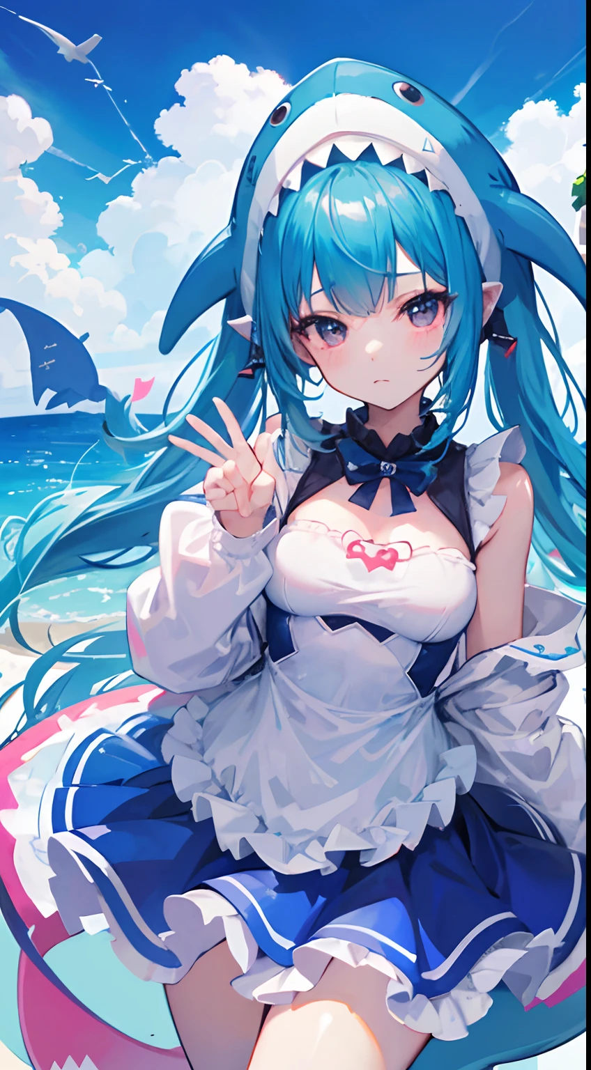 light blue hair girl, shyุ 25 ปี, body, light blue eyes, long hair,Green braid tied in bows left and right........very big breasts, A white bandage was wrapped around his chest....Wear black jeans..... From America...,(shy).....The background is a sandy beach... Picture R18