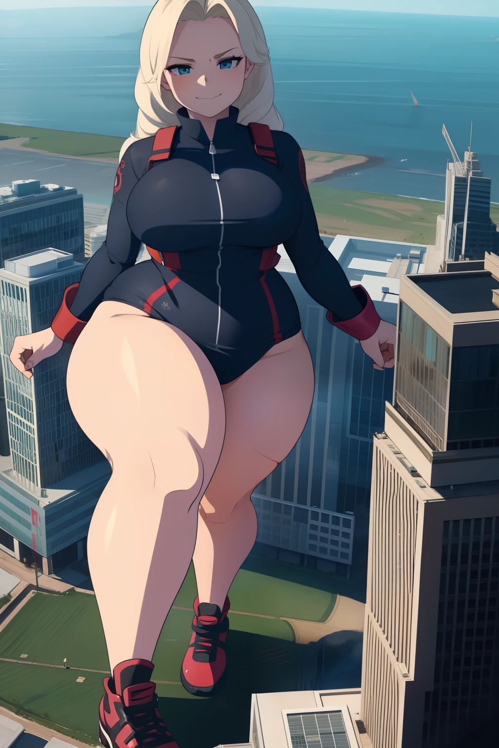 GTS, giantess, curvy, busty, smirk, evil, thick thighs, walking, aerial view
