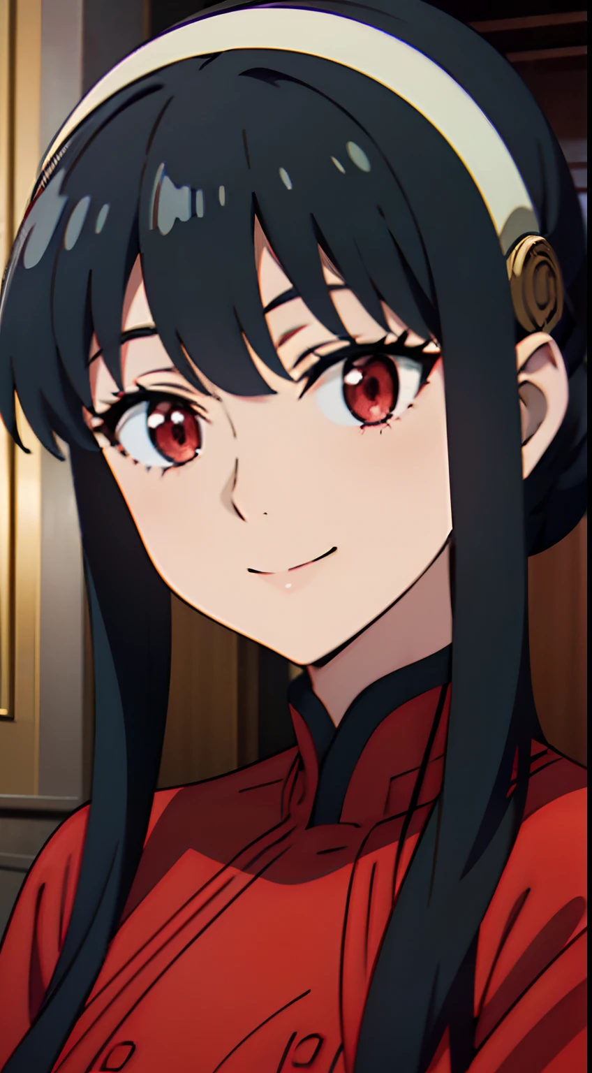 anime girl with long black hair and red eyes in a red dress, nagatoro, she is about 3 0 , she has black hair with bangs, anya from spy x family, turning her head and smiling, big breasts, sengoku era, ultra detail, hight quality, best quality