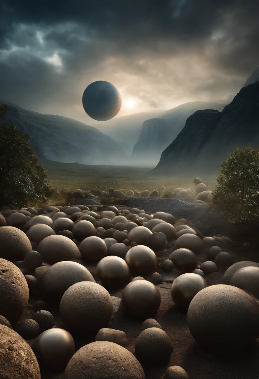 Create a captivating image of extraterrestrial beings, standing among the many mysterious stone spheres. These aliens should be depicted in this way, to convey their otherworldly nature, and stone spheres should surround them, a hint of their significance or purpose. The scene should bathe in the creepy, Atmospheric light enhances the sense of wonder and curiosity.