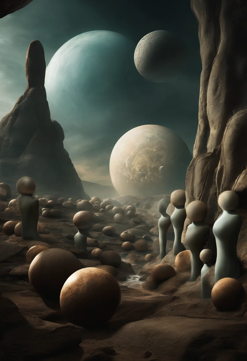 Create a captivating image of extraterrestrial beings, standing among the many mysterious stone spheres. These aliens should be depicted in this way, to convey their otherworldly nature, and stone spheres should surround them, a hint of their significance or purpose. The scene should bathe in the creepy, Atmospheric light enhances the sense of wonder and curiosity.