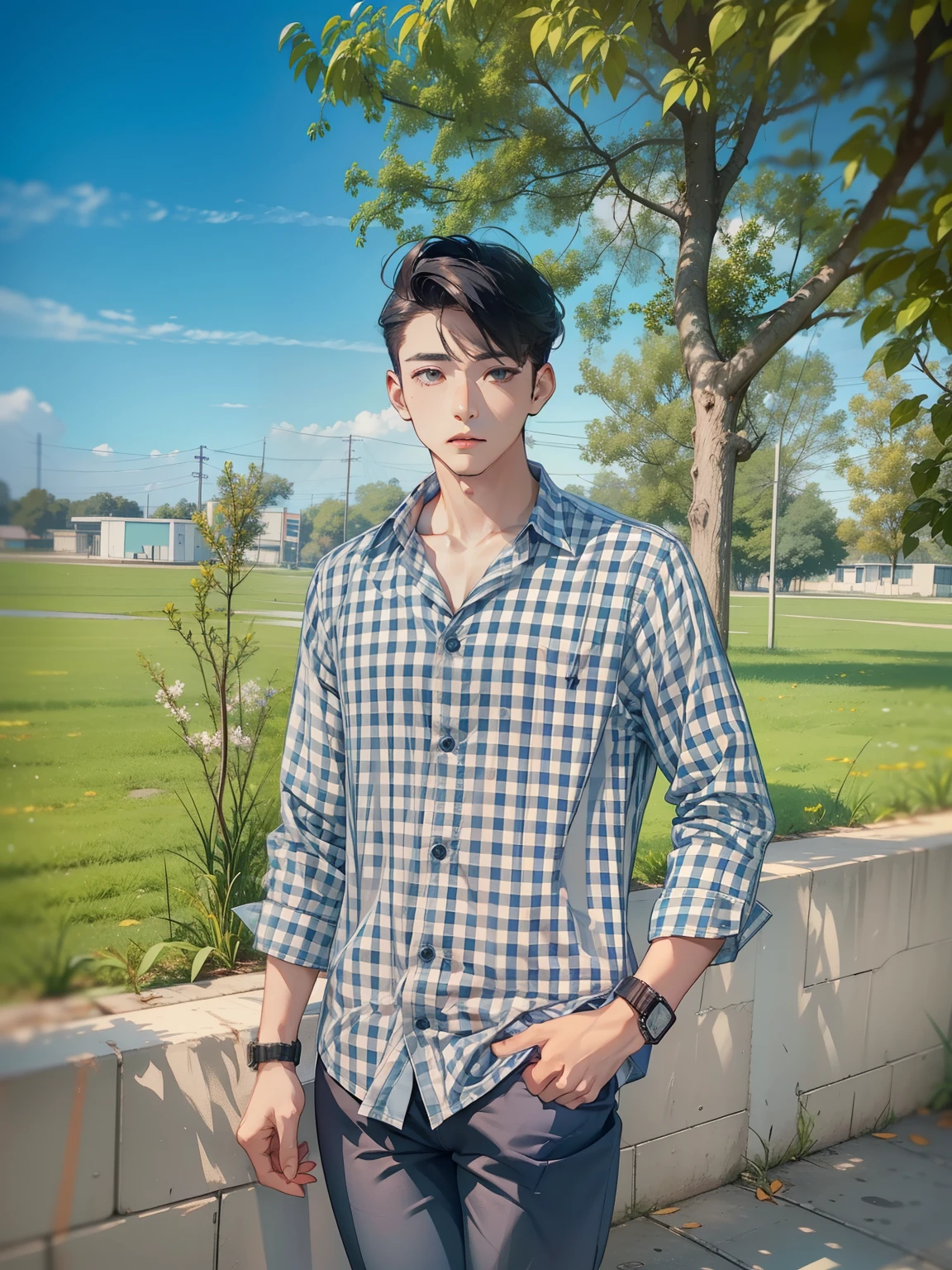 Male and female couples Girl sitting on a chair wearing a tight skirt over a blouse。Boys hugging each other from behind。Boy in high school long pants uniform with mash cut hairstyle。Without glasses