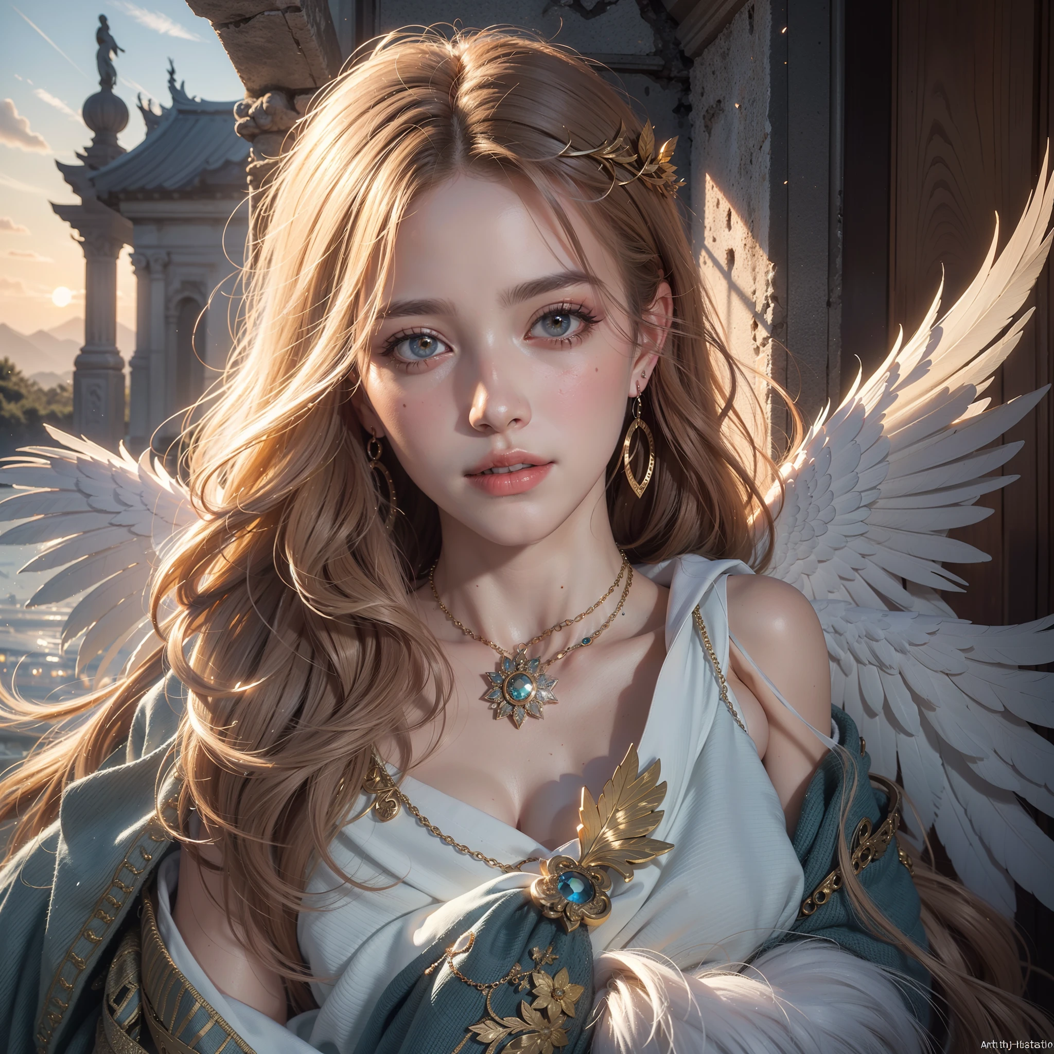 (Numerous award-winning masterpieces, stunning detail, texture & maximum detail), (A hyper-realistic:1.4), (realisitic:1.3), (Upper body up:0.3), (Full-body standing image:1.7), (best quality real texture skin), (True Circle Eyes delicate details), (A delicate and beautiful face out of this world: 1.4), (A mighty outpouring of holy light, Warm and soft,: 1.4), ((Medieval world)), (The god of birth:1.4), (Divine Halo: 1.6), (full-body portrait:1.5), (The warmth of a loving mother), (There is joy in her eyes and a happy smile on her face: 1.3), (Open mouth and smile happily), (Beautiful eyes that sparkle), (Full-body standing image:1.7), (dramatic lighting), (A majestic sight), Her expression is full of tenderness and beauty, (Divine Splendor Magic Circle: 1.6), (Large wings with beautiful white feathers behind the shoulders: 1.3), (Wear a white hooded robe with an elaborate pattern..: 1.4), Folded wings, Earrings in a divine atmosphere of refined craftsmanship, Little angels followed, (((Dramatic photos))), (sunrise), (sunset), (Sunny), ((dramatic pose)), (Brilliant photos), (Golden hair), (Silver hair), (Chestnut Hair), ((inquiry)), ((Looking down)), (Full-body standing image courtesy:1.5), (On her neck is a simple necklace of exquisite workmanship), Old ruins infested with vegetation, Great temple, The Great Cathedral, Great Gentleman, Temple ruins, Detached temples, Ruins of an ancient castle, Desolate ruins, crumbling ruins, Ancient ruins with clear water, ripple, flowing water, Majestic mass of clouds and shining sky, epic realistic, murky, fine art, (Greg Rutkowski:0.8), (teal and orange:0.4), (Art Station:1.5), films, ((neutral colors)), (HDR:1.5), (muted colors:1.2), Hyper Detail, dramatic lighting, (intriciate detail:1.1), complicated background,