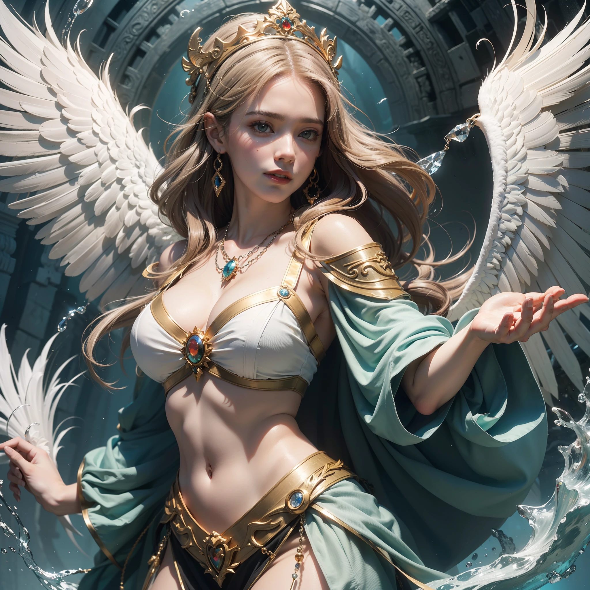 (Numerous award-winning masterpieces, stunning detail, texture & maximum detail), (A hyper-realistic:1.4), (realisitic:1.3), (Upper body up:0.3), (Full-body standing image:1.7), (best quality real texture skin), (True Circle Eyes delicate details), (A delicate and beautiful face out of this world: 1.4), (A mighty outpouring of holy light, Warm and soft,: 1.4), ((Medieval world)), (The god of birth:1.4), (Divine Halo: 1.6), (full-body portrait:1.5), (The warmth of a loving mother), (There is joy in her eyes and a happy smile on her face: 1.3), (Open mouth and smile happily), (Beautiful eyes that sparkle), (Full-body standing image:1.7), (dramatic lighting), (A majestic sight), Her expression is full of tenderness and beauty, (Divine Splendor Magic Circle: 1.6), (Large wings with beautiful white feathers behind the shoulders: 1.3), (Wear a white hooded robe with an elaborate pattern..: 1.4), Folded wings, Earrings in a divine atmosphere of refined craftsmanship, Little angels followed, (((Dramatic photos))), (sunrise), (sunset), (Sunny), ((dramatic pose)), (Brilliant photos), (Golden hair), (Silver hair), (Chestnut Hair), ((inquiry)), ((Looking down)), (Full-body standing image courtesy:1.5), (On her neck is a simple necklace of exquisite workmanship), Old ruins infested with vegetation, Great temple, The Great Cathedral, Great Gentleman, Temple ruins, Detached temples, Ruins of an ancient castle, Desolate ruins, crumbling ruins, Ancient ruins with clear water, ripple, flowing water, Majestic mass of clouds and shining sky, epic realistic, murky, fine art, (Greg Rutkowski:0.8), (teal and orange:0.4), (Art Station:1.5), films, ((neutral colors)), (HDR:1.5), (muted colors:1.2), Hyper Detail, dramatic lighting, (intriciate detail:1.1), complicated background,