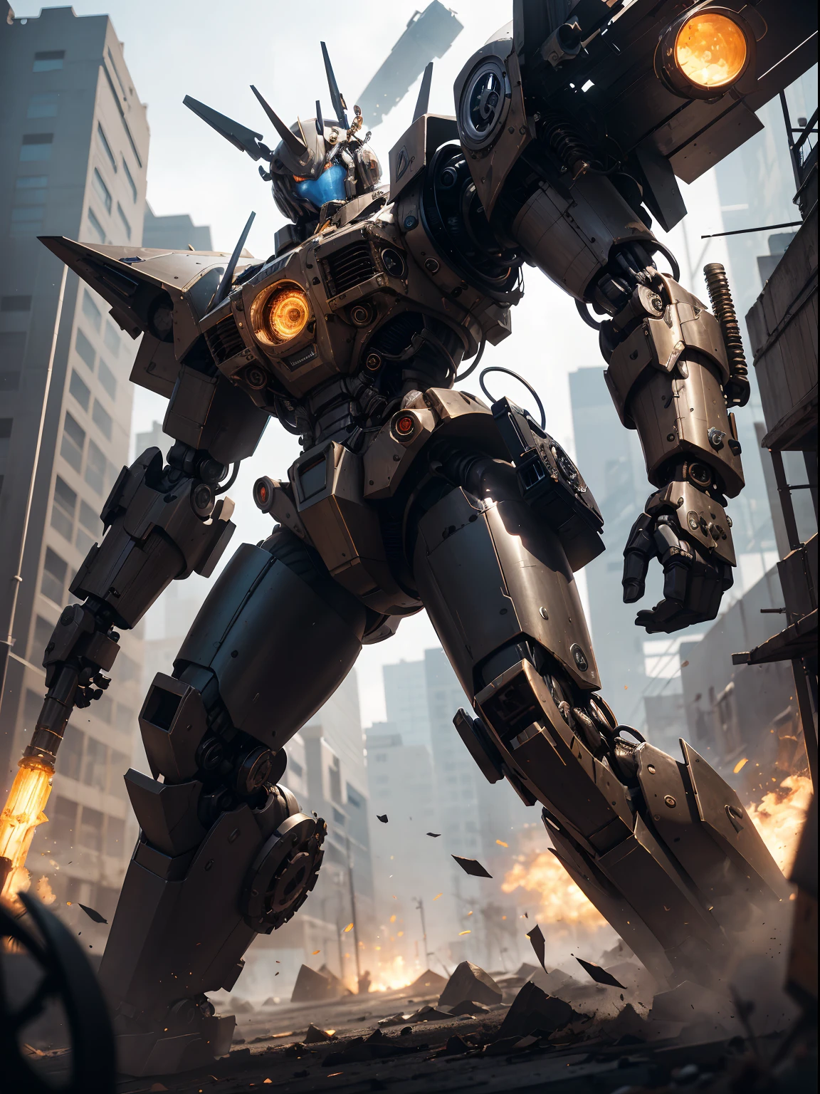 Mechanical steampunk-style mecha, made from mechanical parts, (mecha body), (mecha limbs), ((detailed face)),  ((looking at camera)), cowboy shot, cybernetics and servo motors, insane detail, ((dynamic pose)), cinematic lighting, steampunk background.